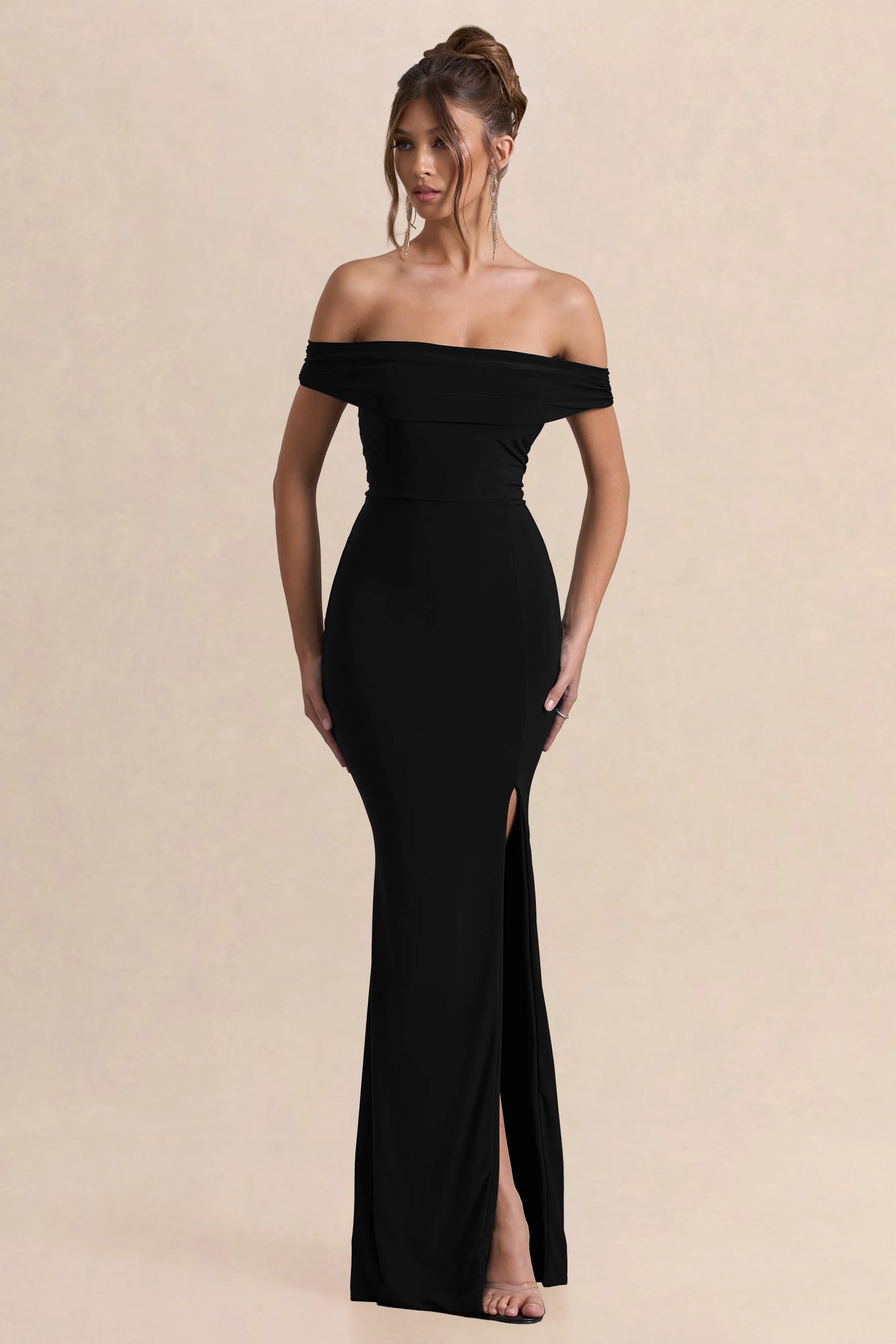 Law of Attraction Black Bardot Draped Split Maxi Dress