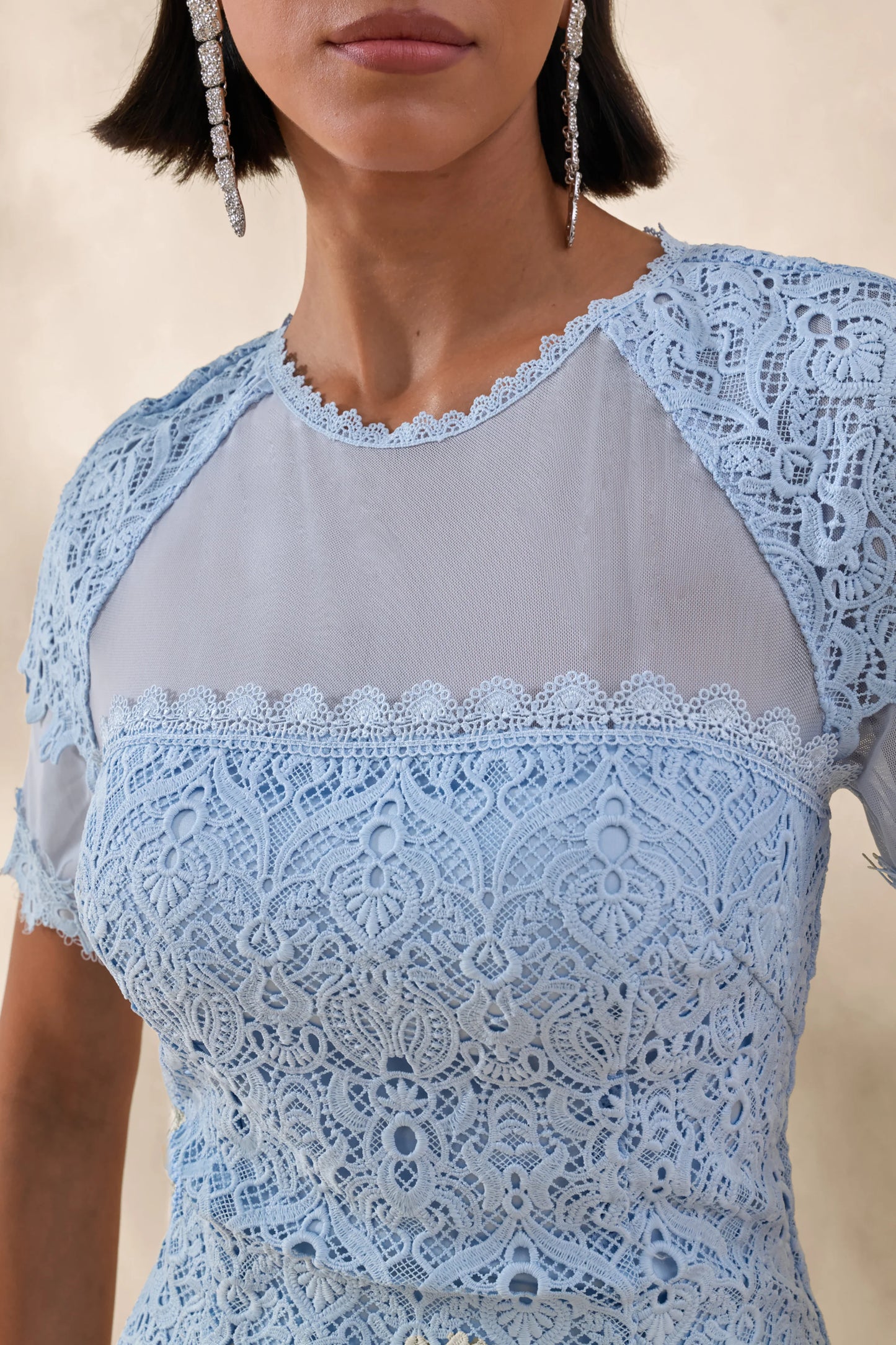 Leanne Powder Blue Mesh And Lace Crew-Neck Fishtail Midi Dress