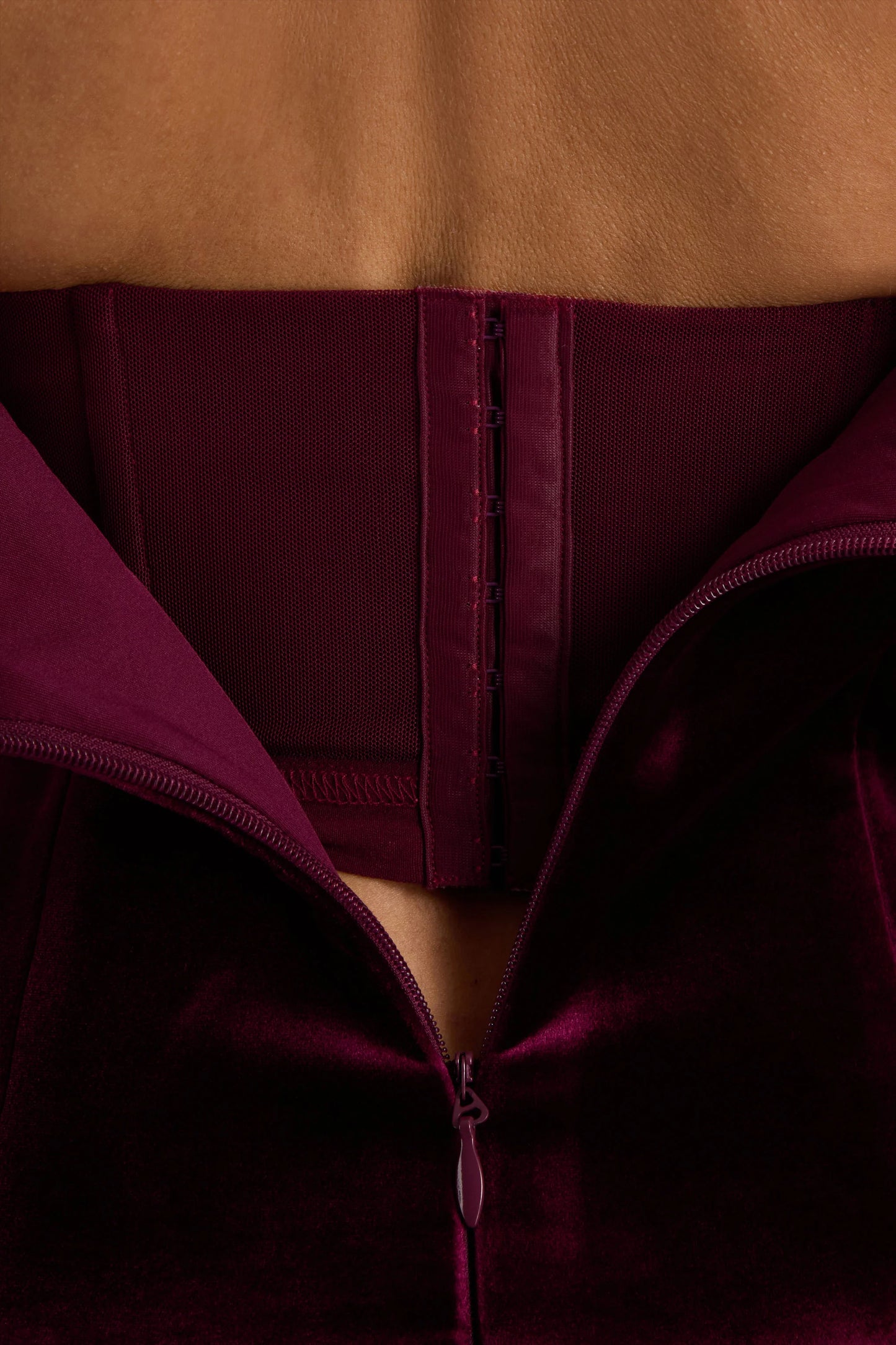Violetta Burgundy Velvet Bandeau Midi Dress With Drop-Waist And Gathered Skirt