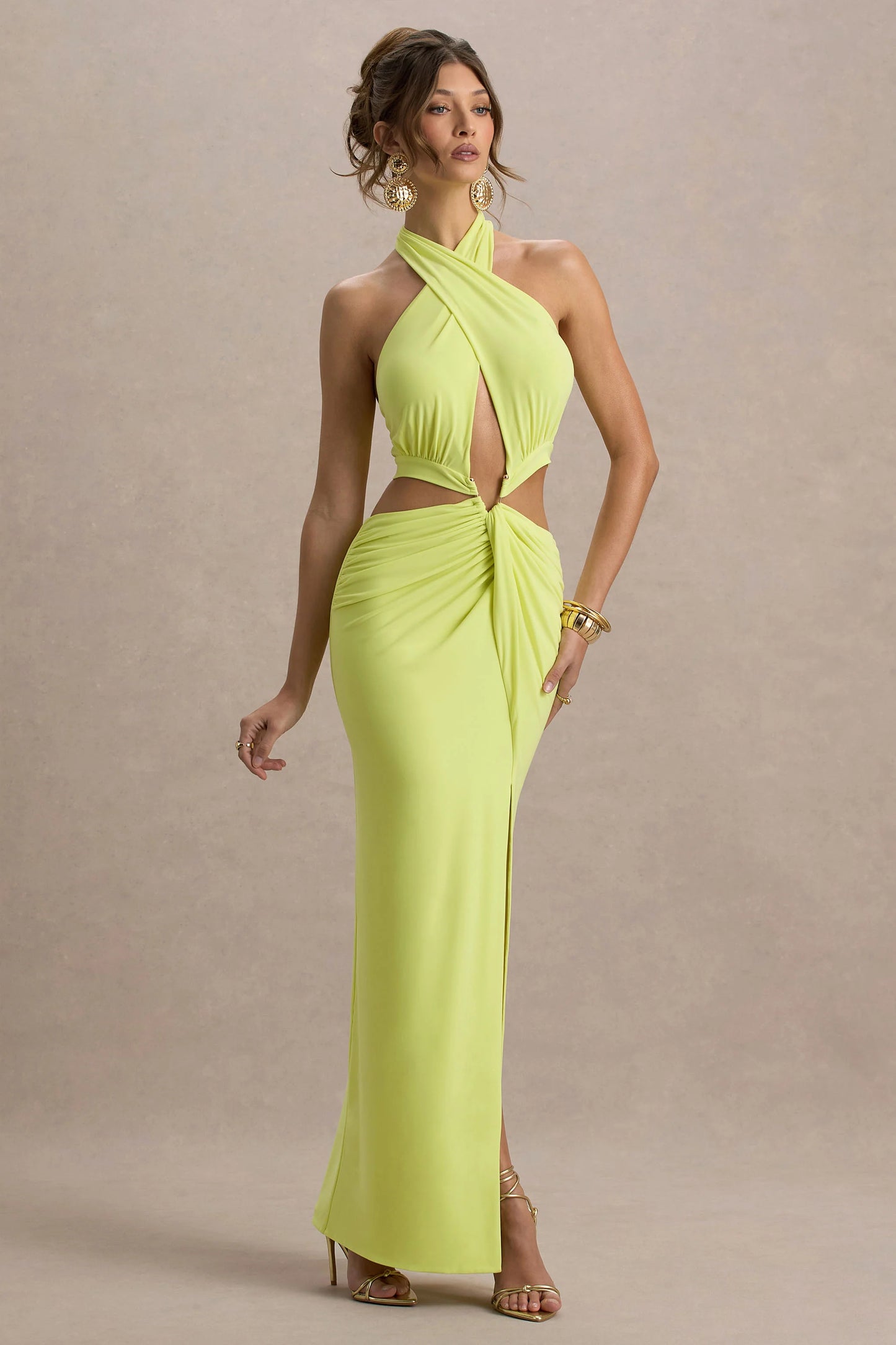 Aura Lime Green Halter-Neck Cut-Out Split Maxi Dress