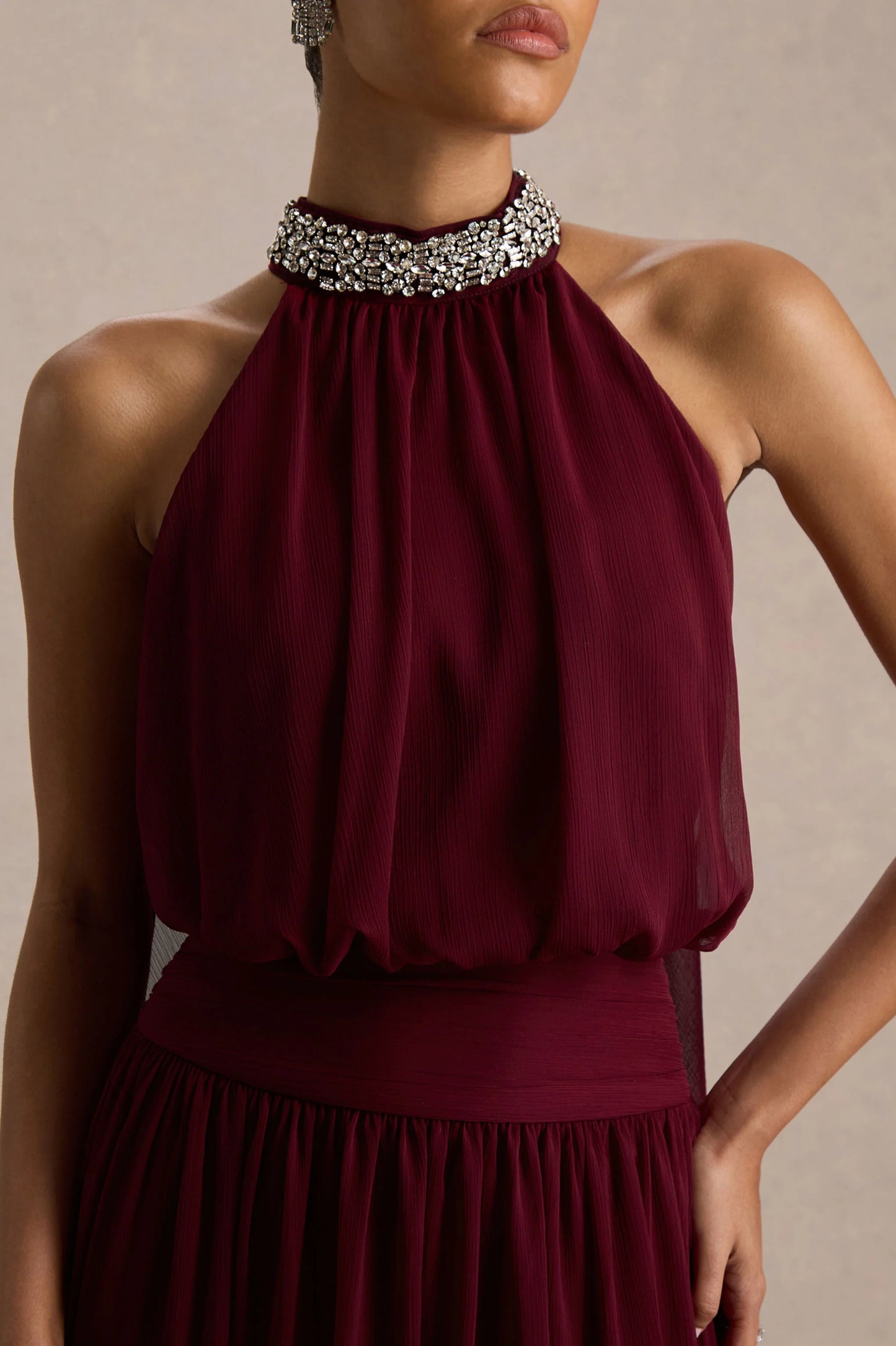 Marie Burgundy Halter-Neck Maxi Dress With Embellished Detailing