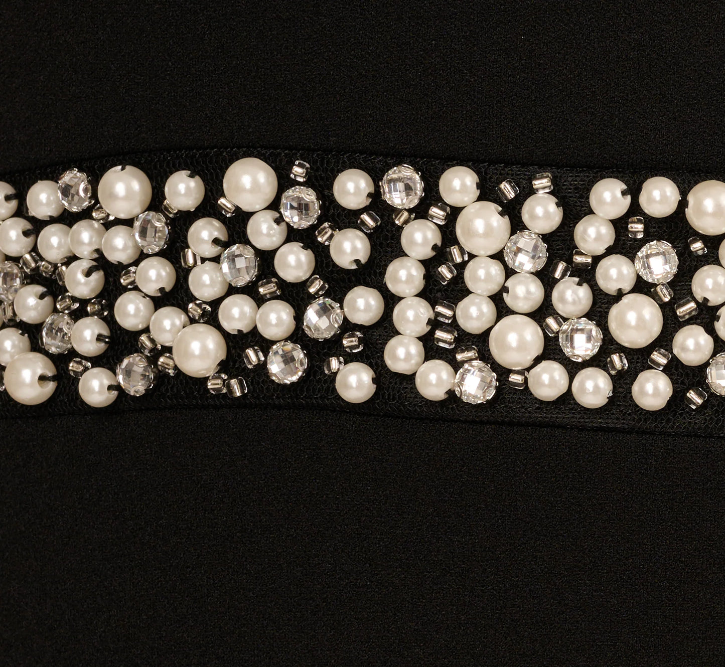 Short Sleeve Stretch Crepe Pearly Beaded Gown In Black Ivory