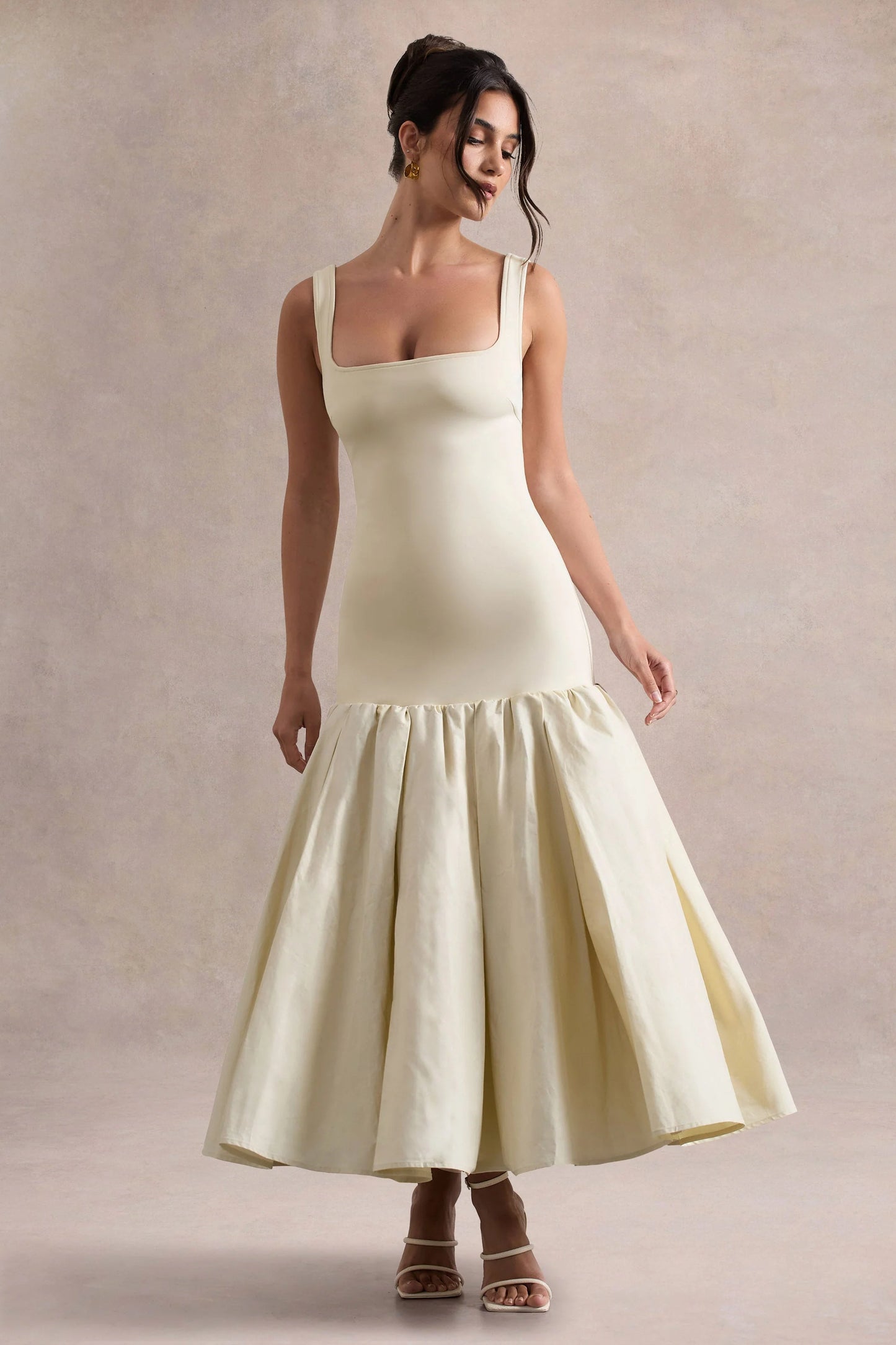 Parida Cream Poplin Drop-Waist Midi Dress With Peplum Hem