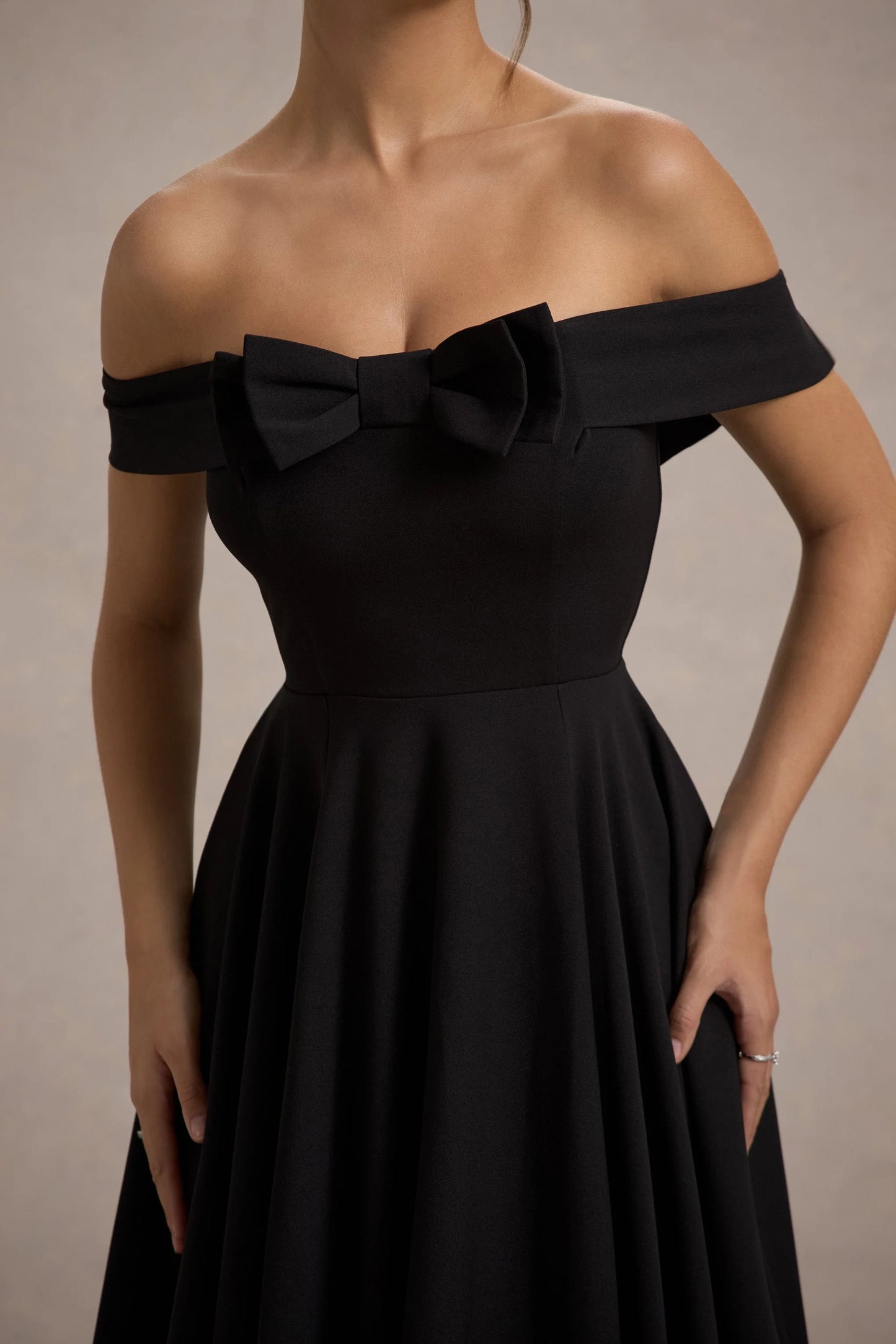 Calliopia Black Bow Bardot Midi Dress With Puff-Ball Skirt
