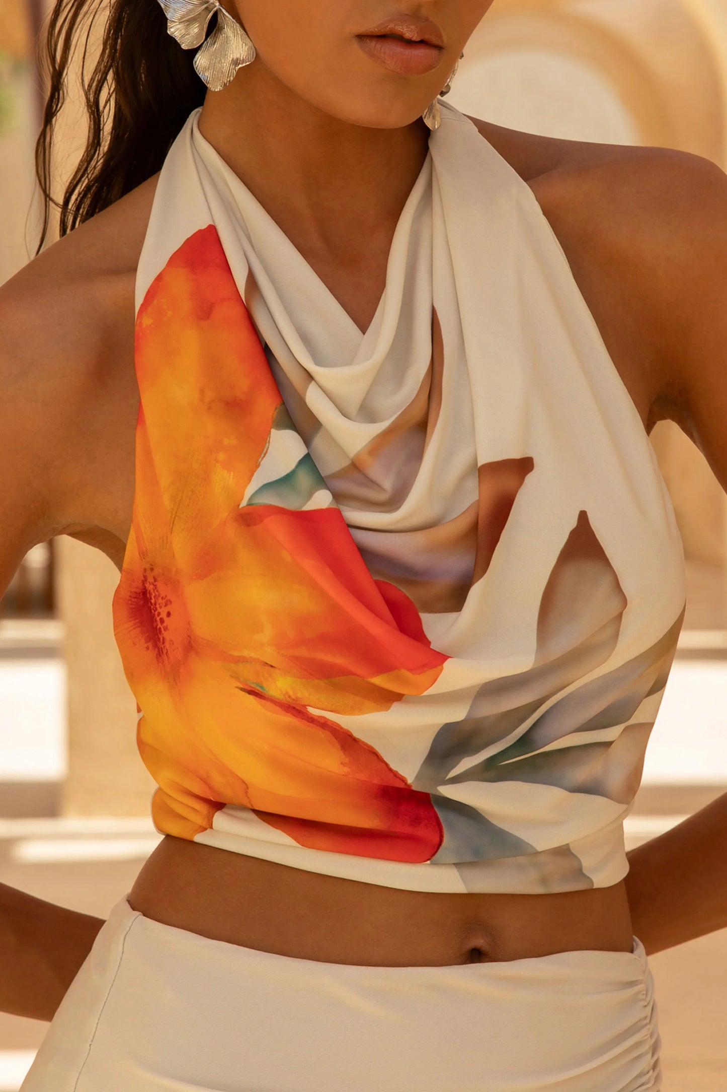 Calla Orange Floral Print High-Neck Crop-Top