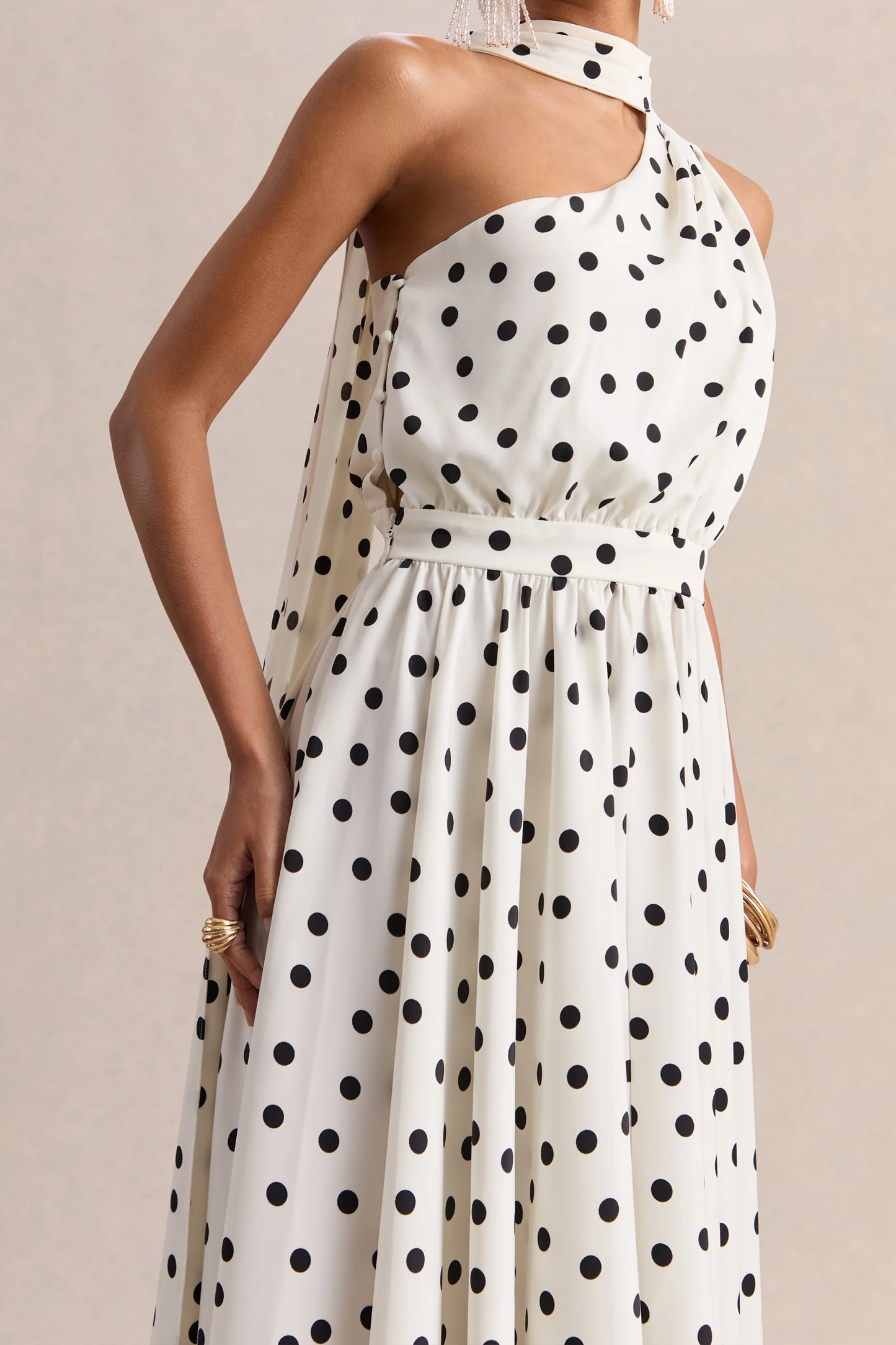 Caluna White And Black Polka Dot Satin Asymmetric-Neck Midi Dress With Scarf-Detail