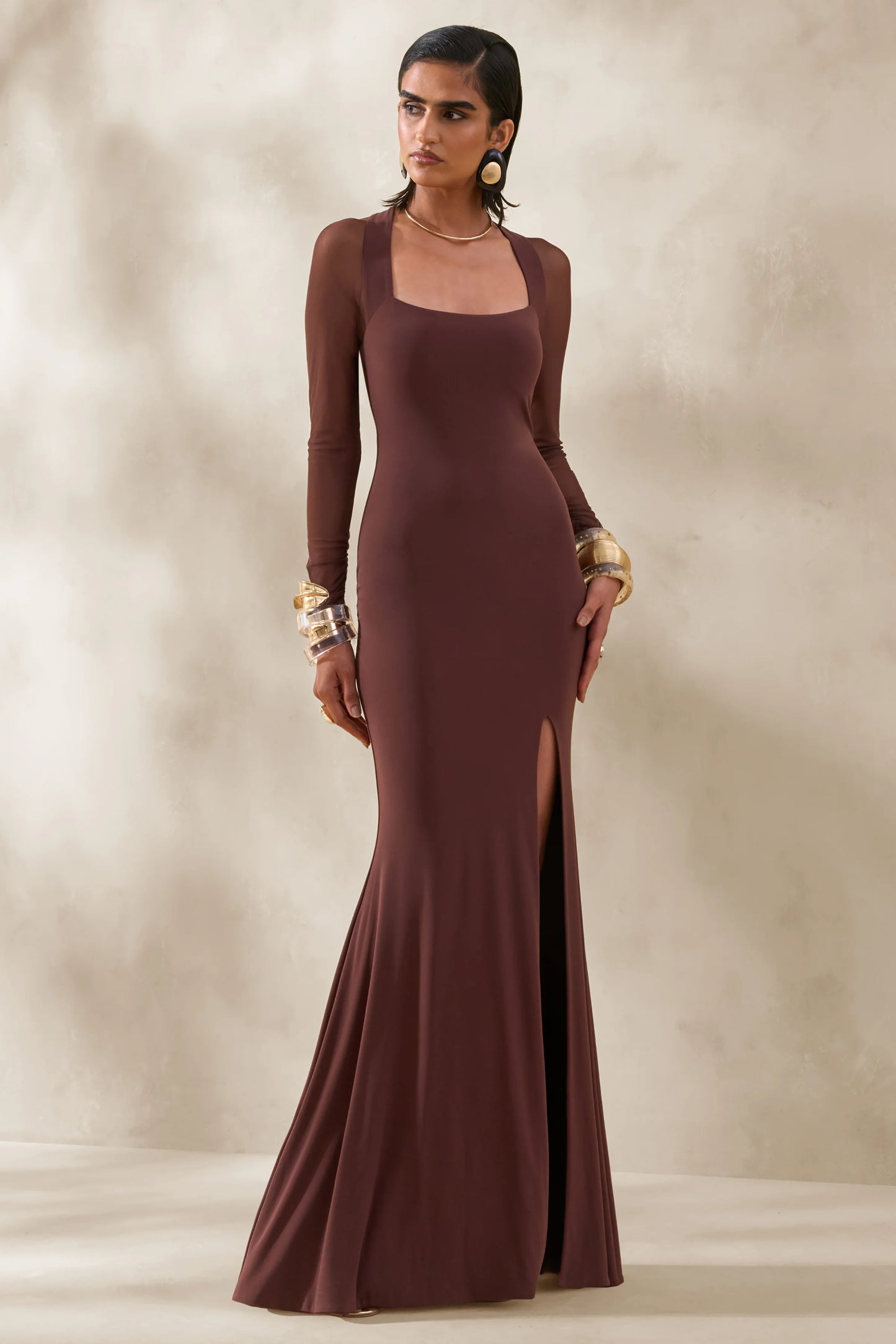 Renalia Brown Square-Neck Maxi Dress With Mesh Long-Sleeves