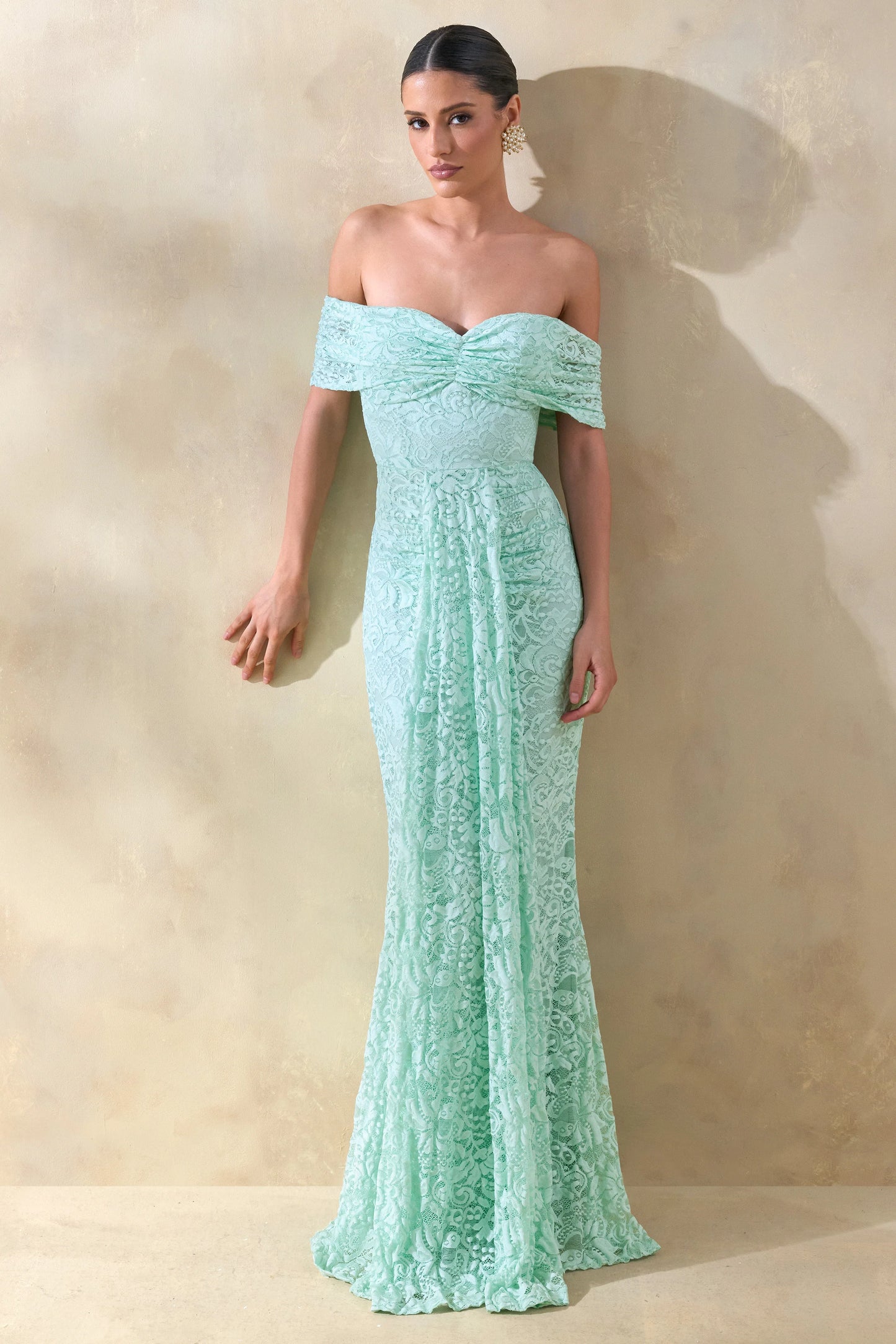 Aries Mint Lace Bardot-Neck Maxi Dress With Gathered Detailing