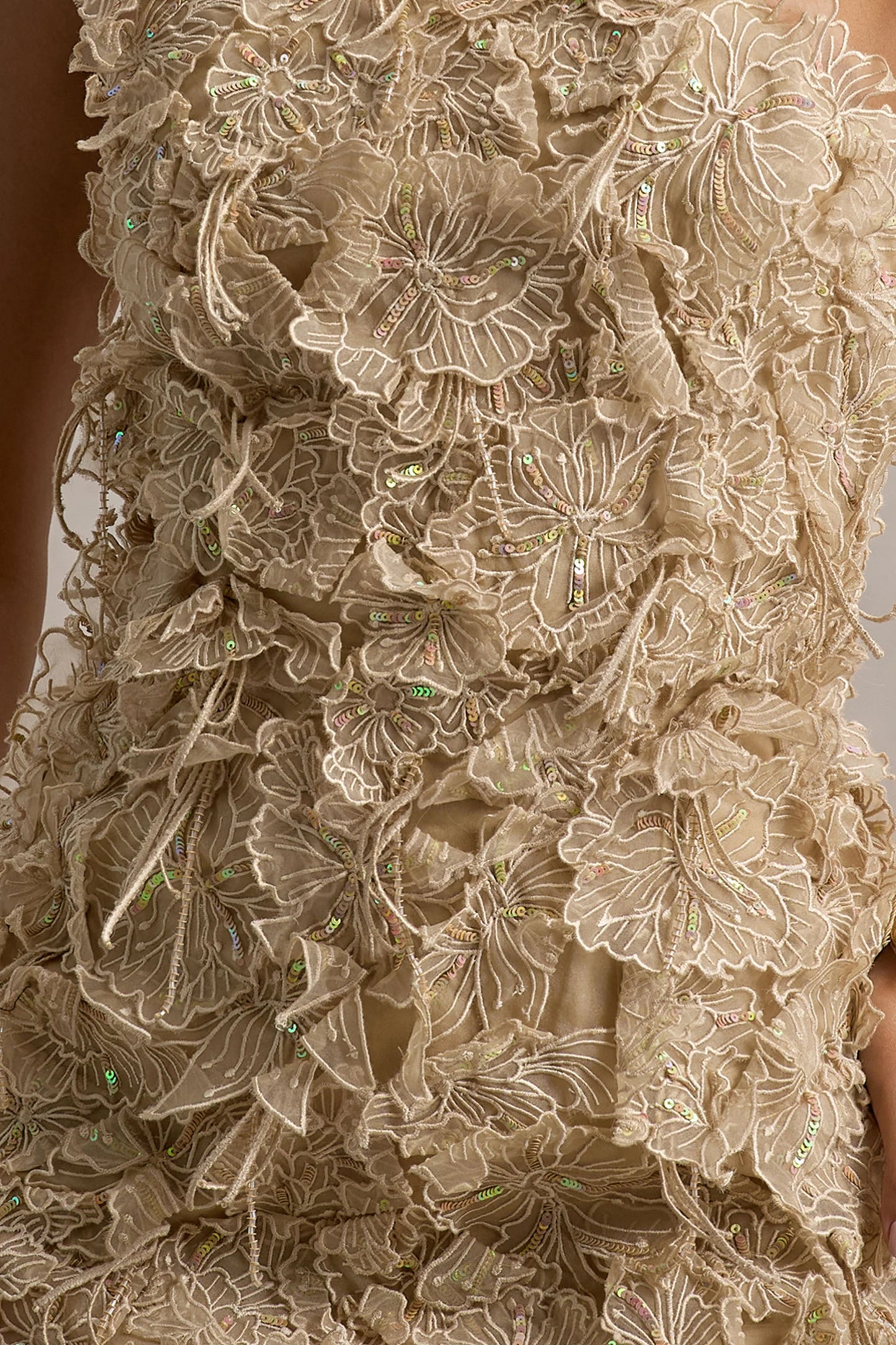 Kamara Nude Sequin Floral Halter-Neck Mini Dress