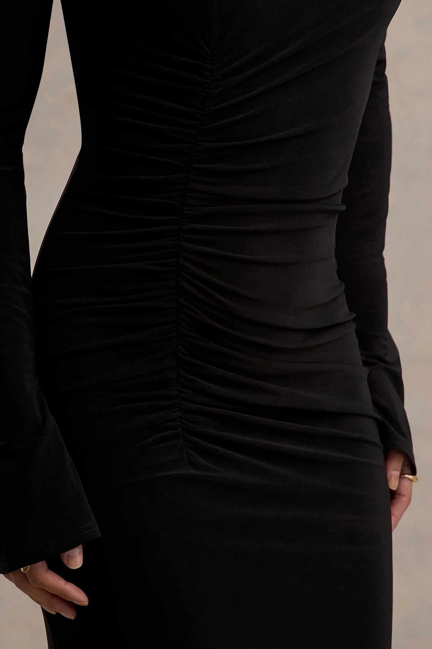 Cassandra Black High-Neck Long-Sleeve Midi Dress