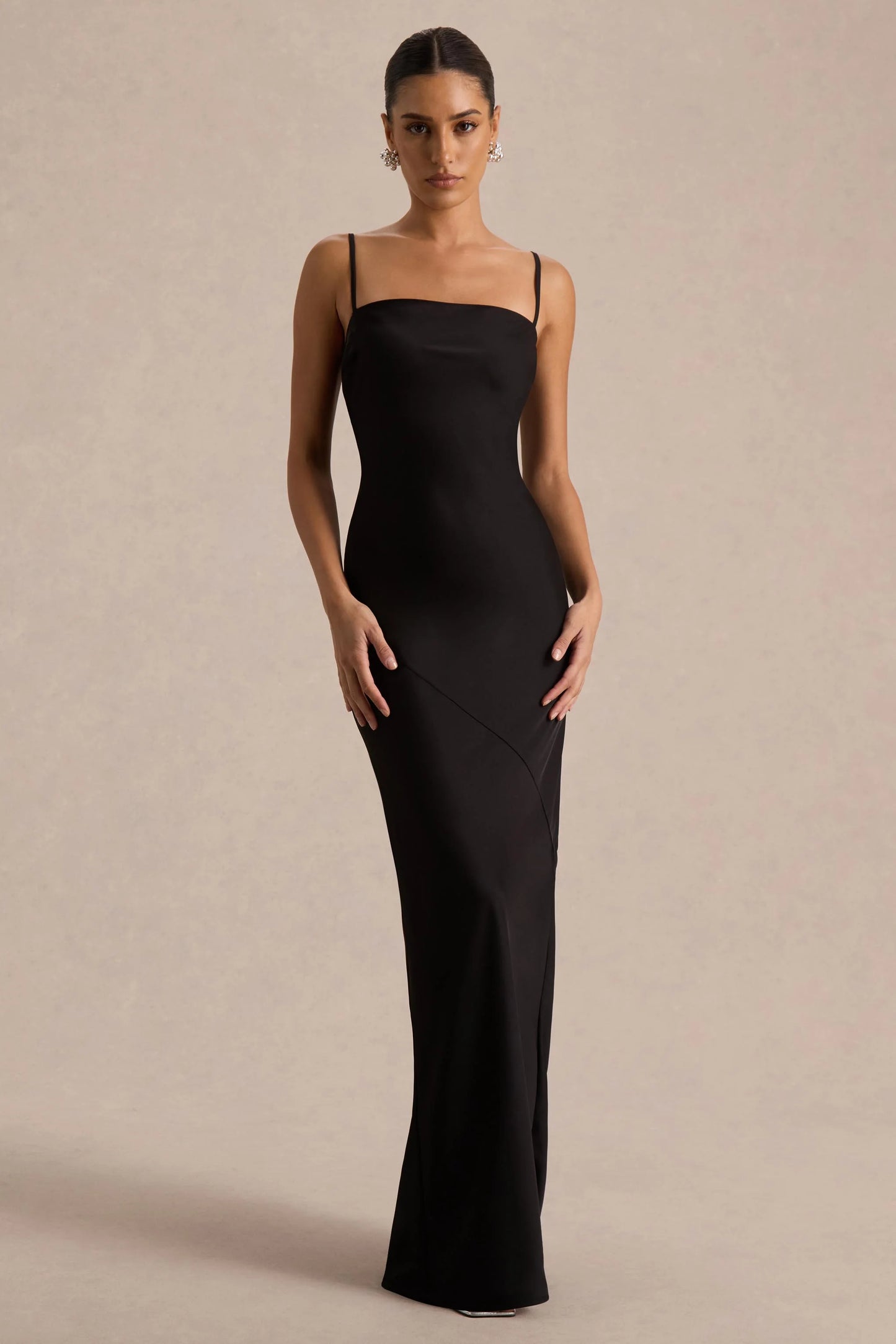Yoli Black Satin Maxi Dress With Removable Twist-Cape