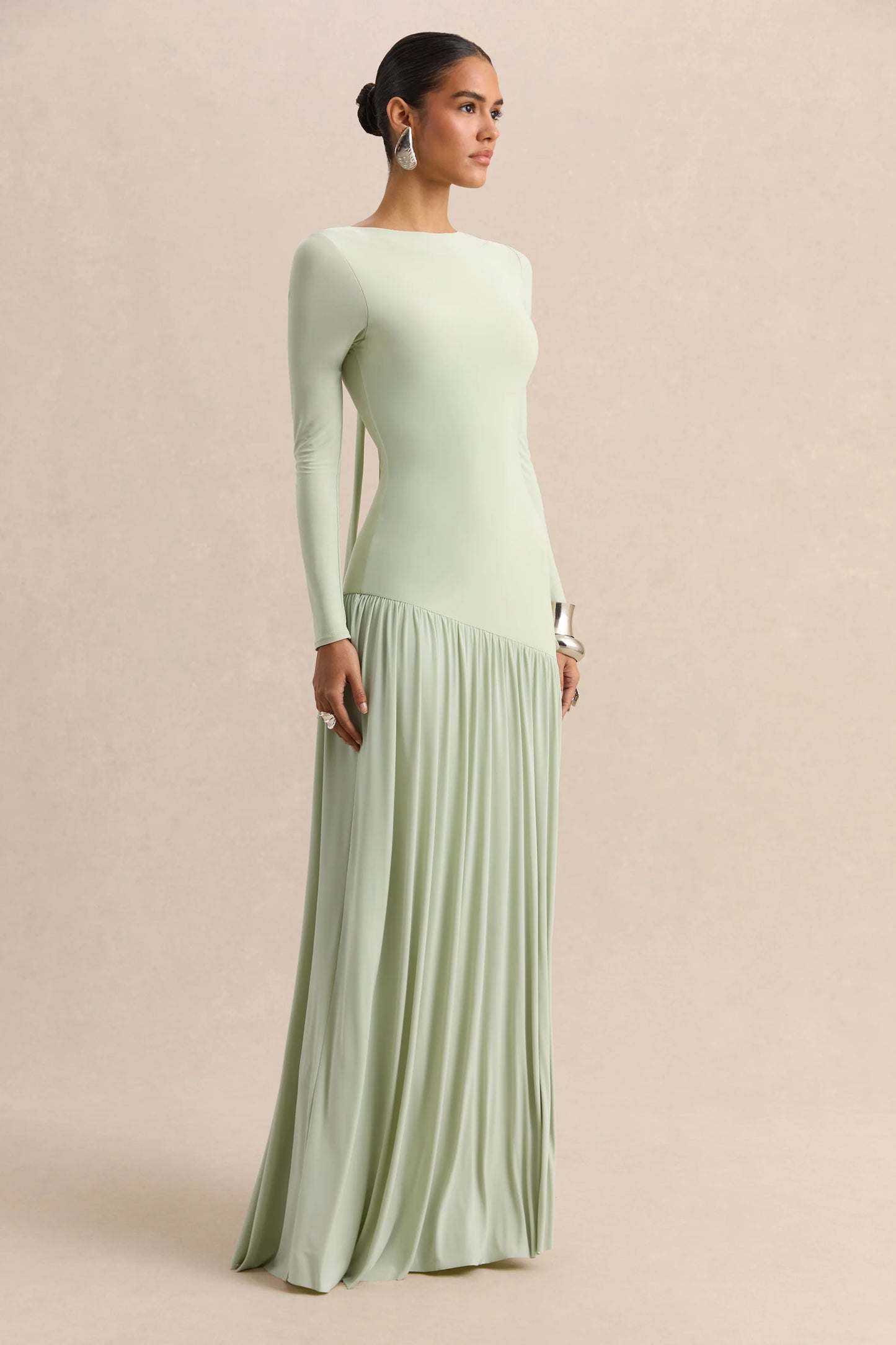 Jasira Mint Crew-Neck Maxi Dress With Asymmetric Drop-Waist
