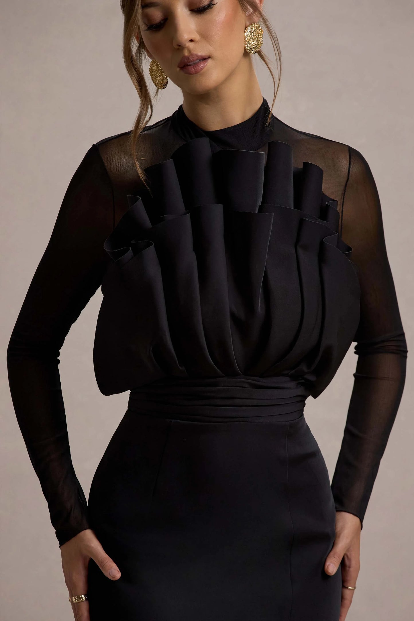 Alder Black Mesh Long-Sleeve Ruffled Split Maxi Dress