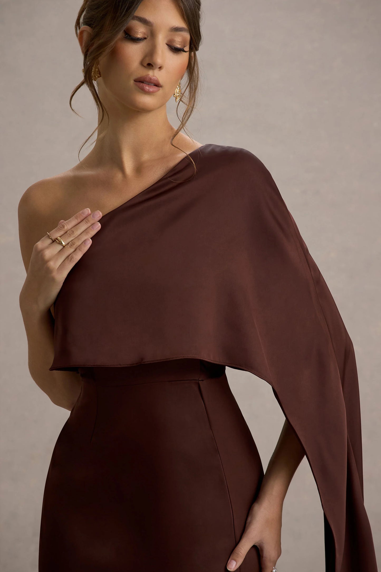Amora Brown Satin Asymmetric Cape-Sleeve Split Maxi Dress