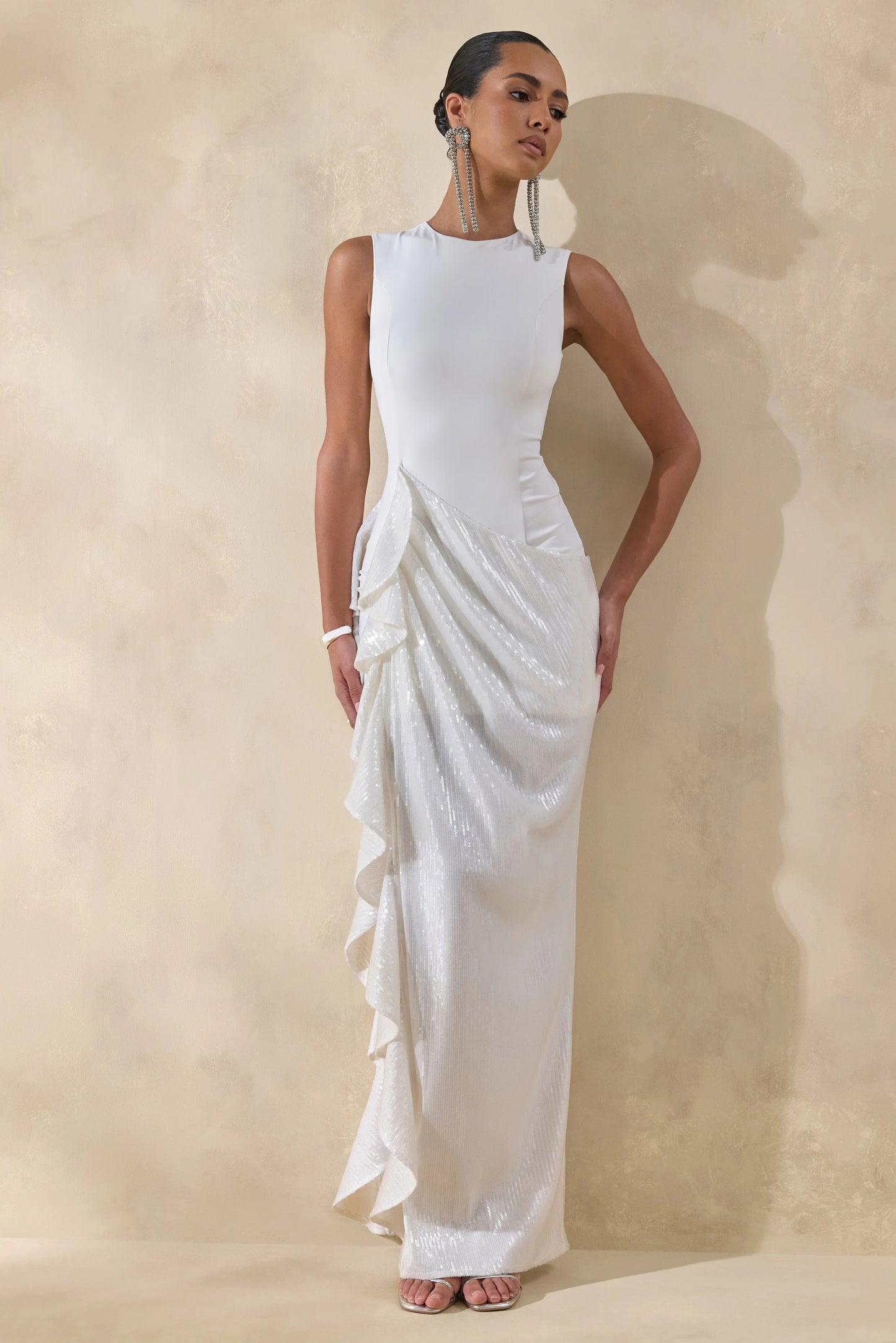 Ada White Crew-Neck Maxi Dress With Sheer Skirt And Ruffled Detailing