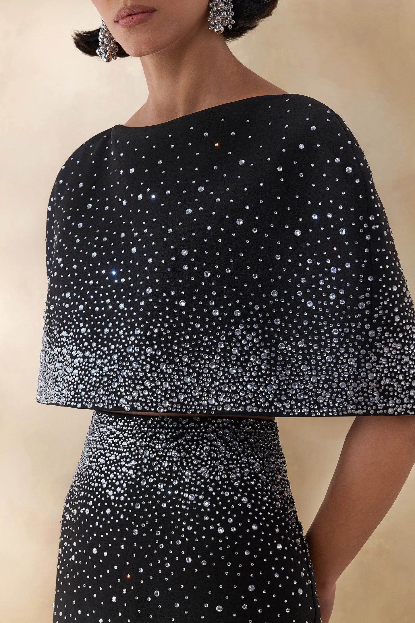 Luxy Black Embellished Boat-Neck Crop-Top With Cape-Sleeves
