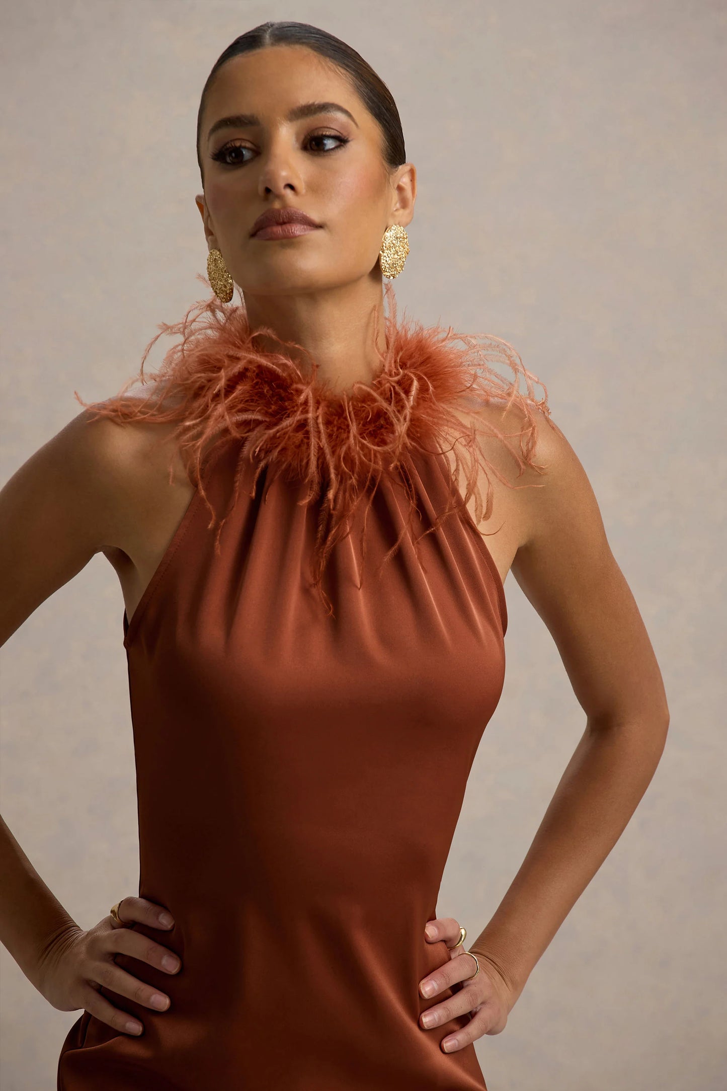 Bianca Rust Satin Feather-Trim Maxi Dress