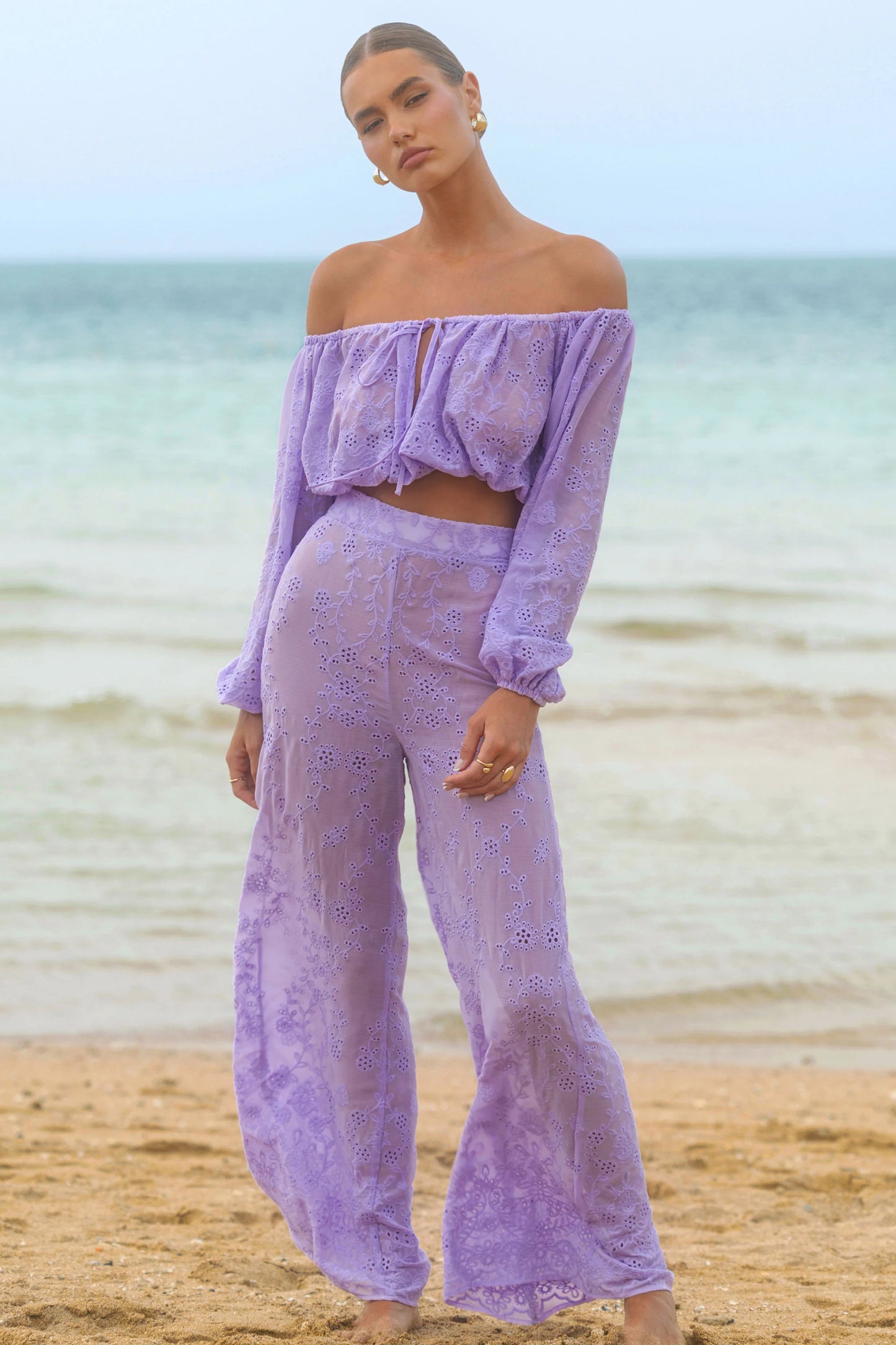 Fantini Lilac Broidery Wide-Leg Trousers