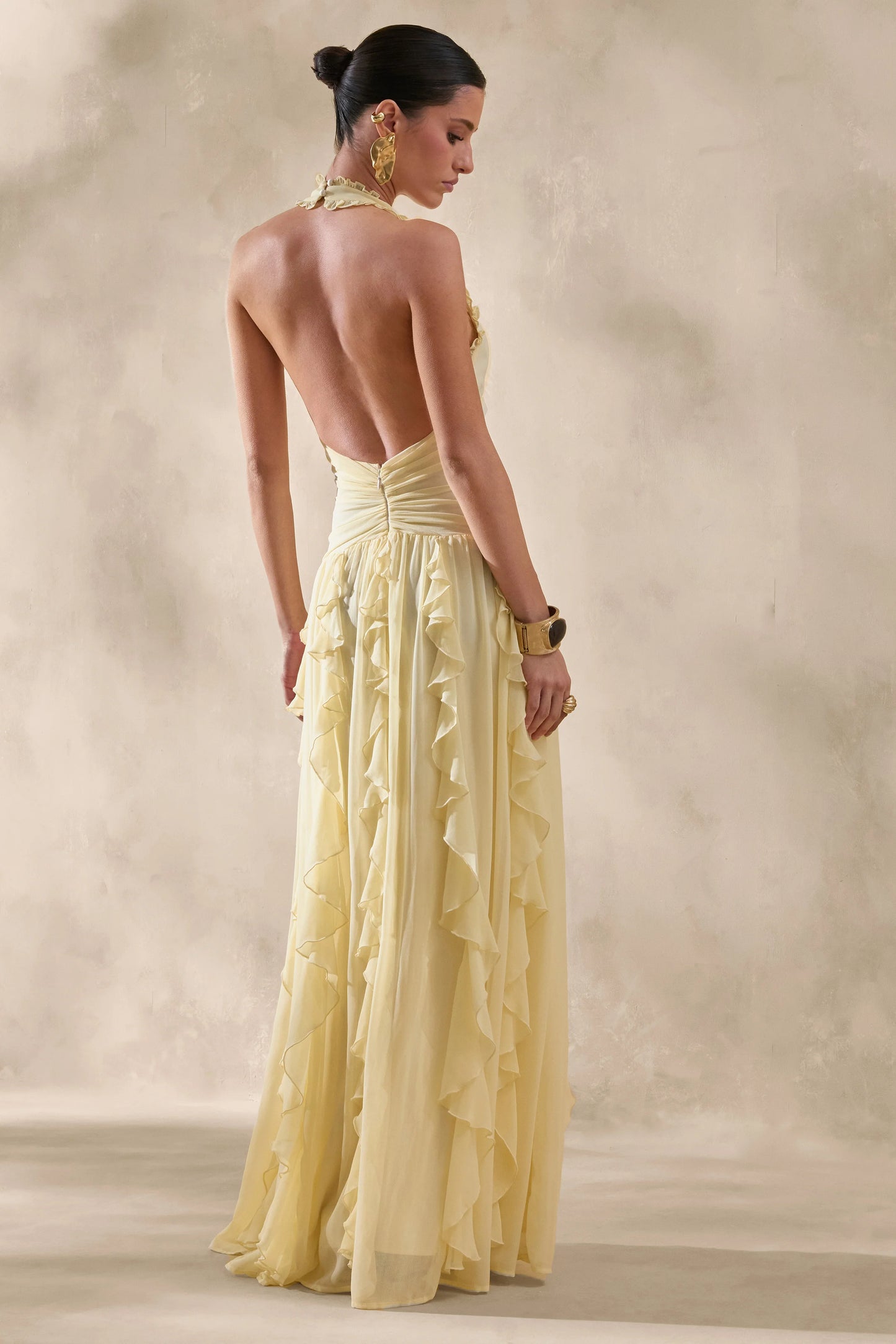 Bea Lemon Plunge-Neck Ruffled Maxi Dress