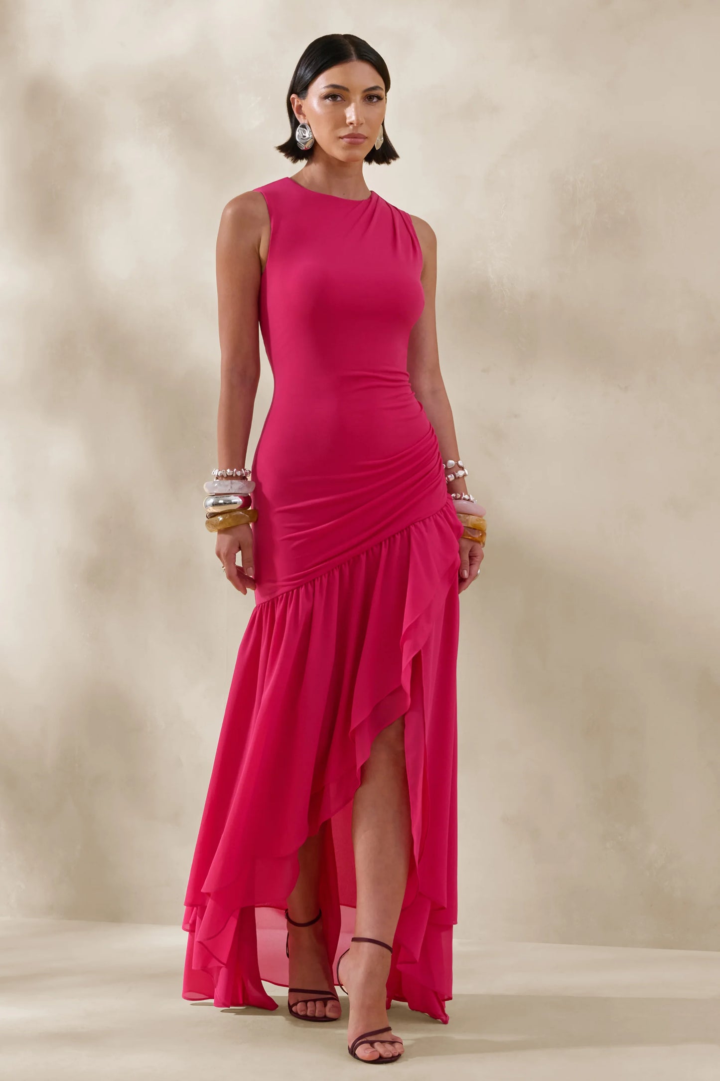 Noelia Hot Pink High-Neck Maxi Dress With Ruffled Detailing