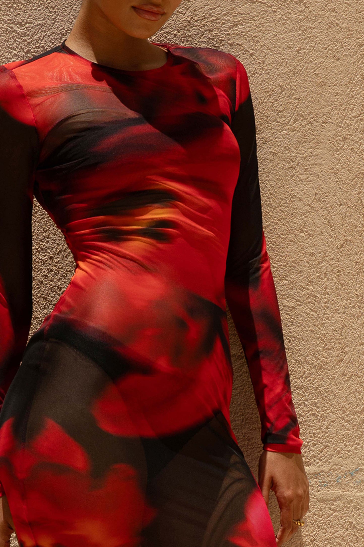 Marcy Red And Black Floral Print High-Neck Maxi Dress