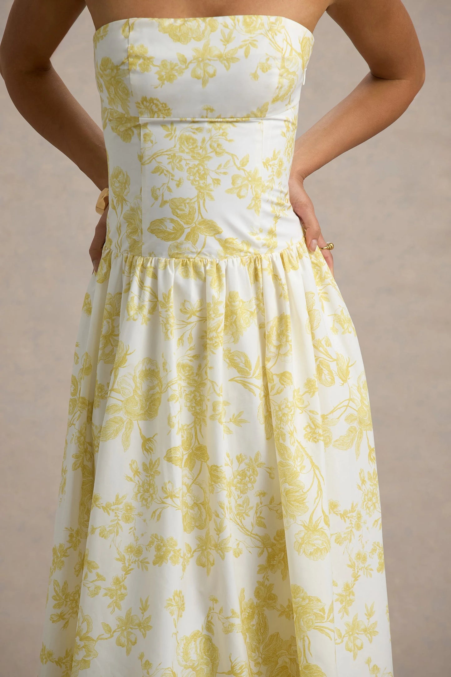 Bluebell Lemon Porcelain Print Poplin Bandeau Drop-Waist Midi Dress