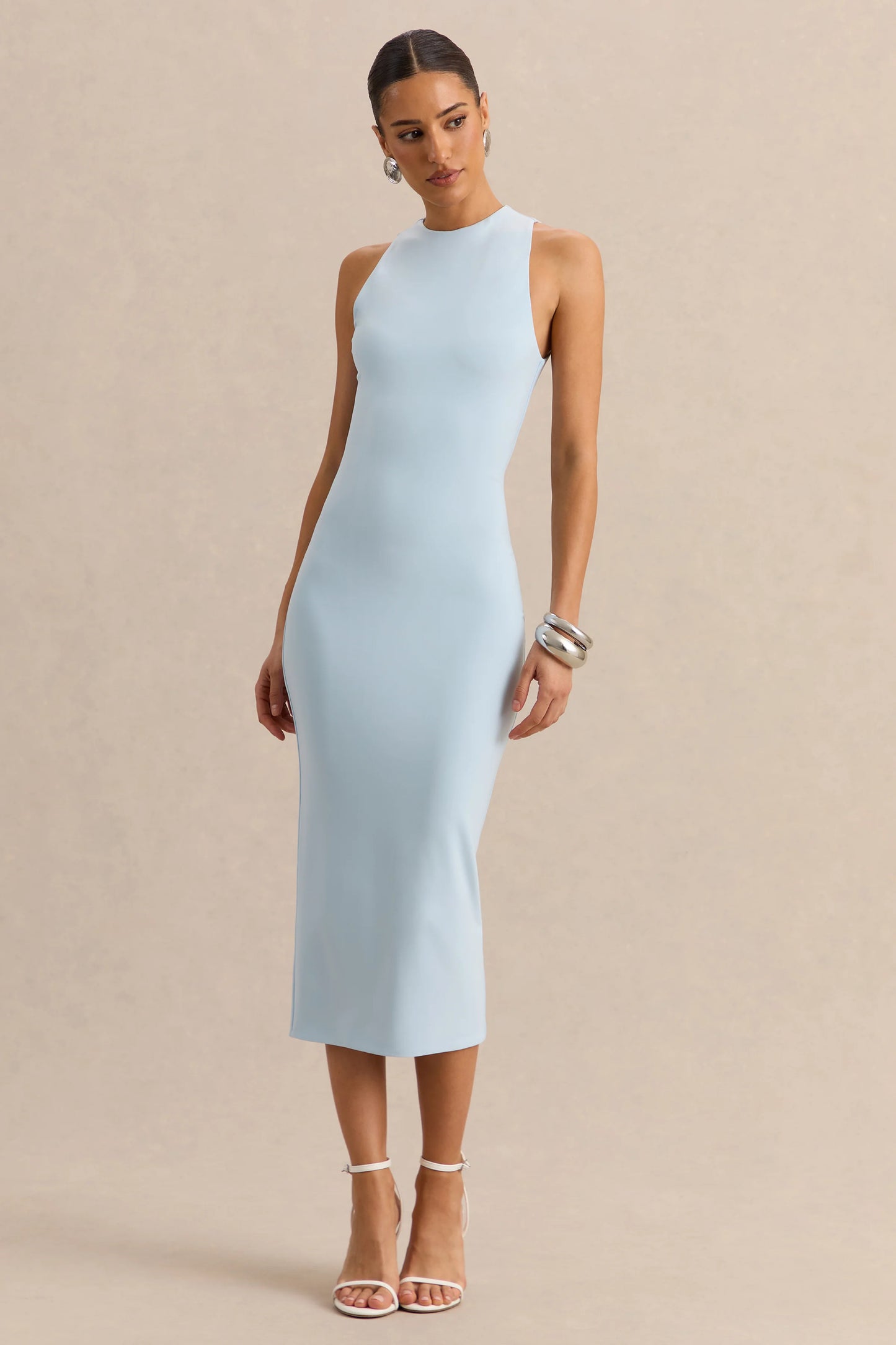 Mirana Powder Blue High-Neck Midi-Dress