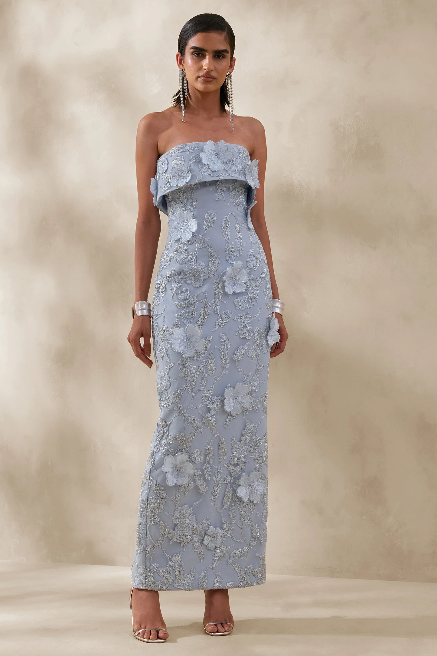 Misha Light Blue 3D Floral Bandeau Maxi Dress
