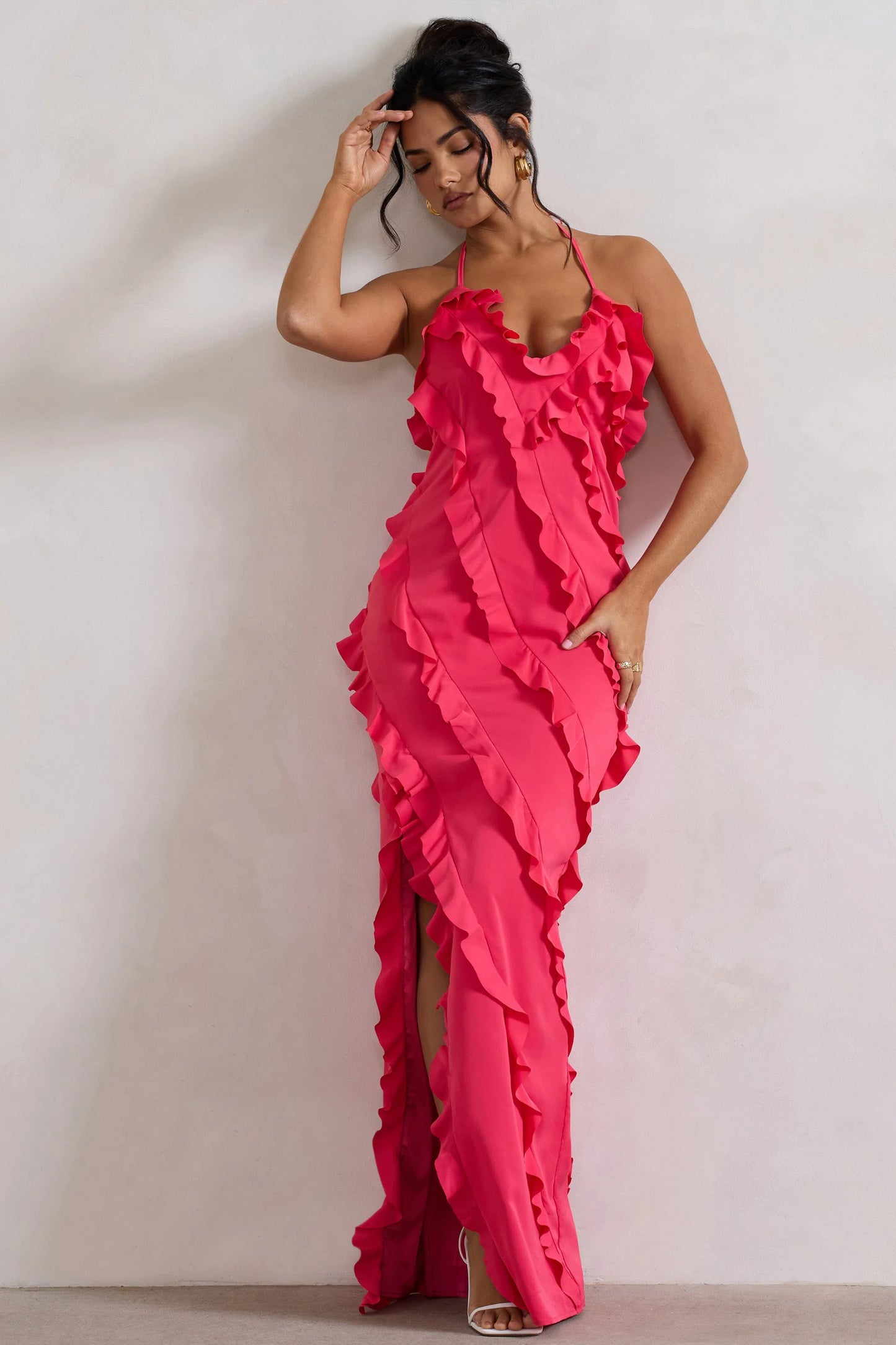 Full On Hot Pink V-Neck Ruffle Maxi Dress