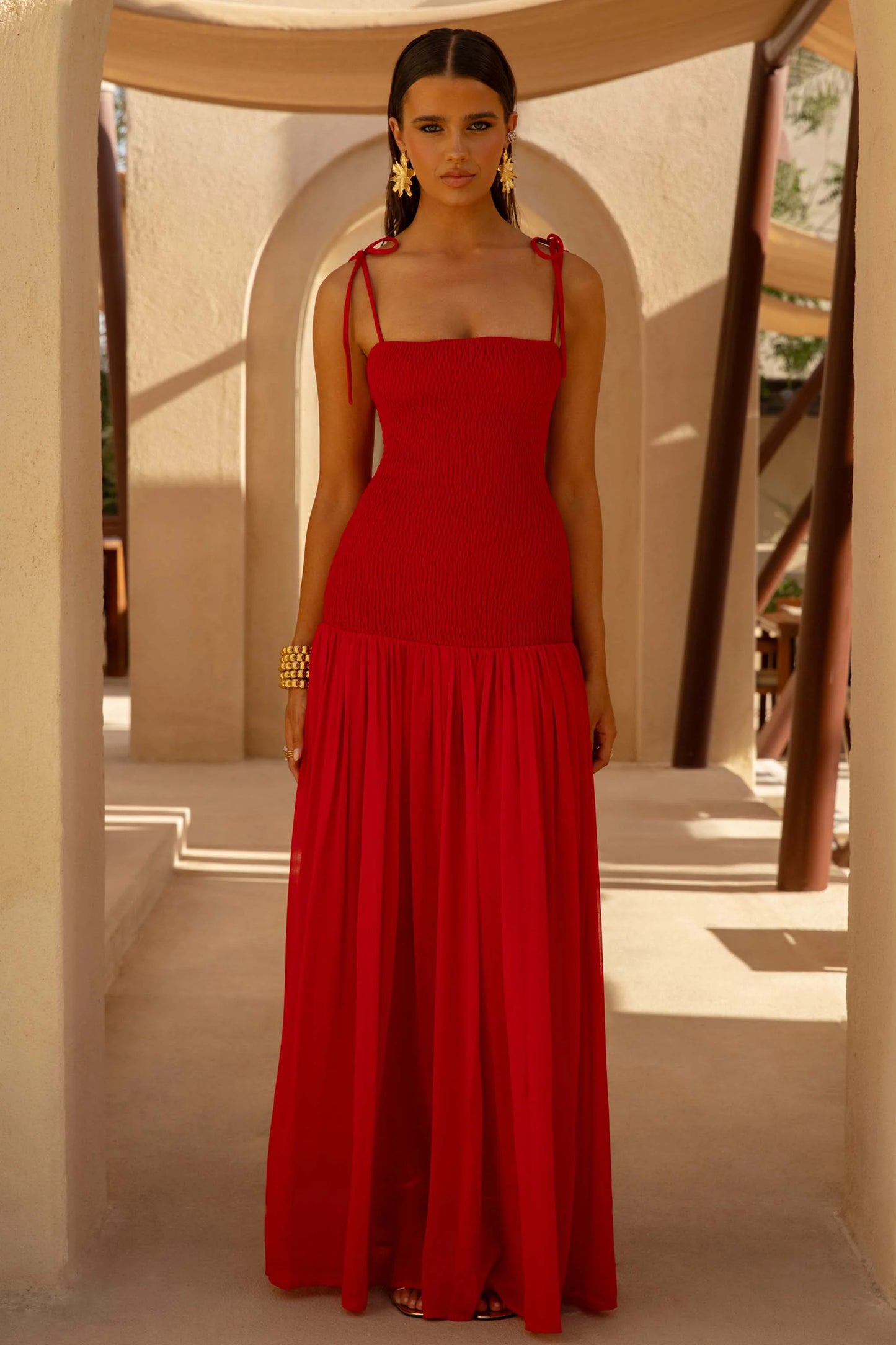 Maeva Red Square-Neck Fishtail Maxi Dress With Ruched Detailing