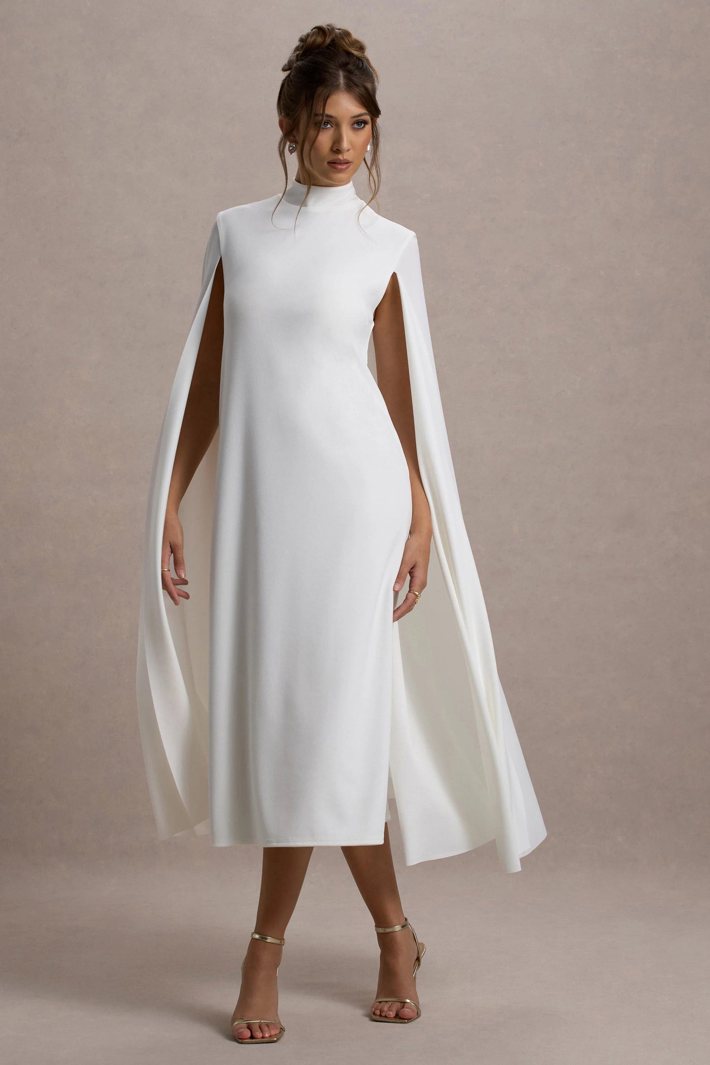 Carnation White Long-Sleeve Midi Dress With Cape