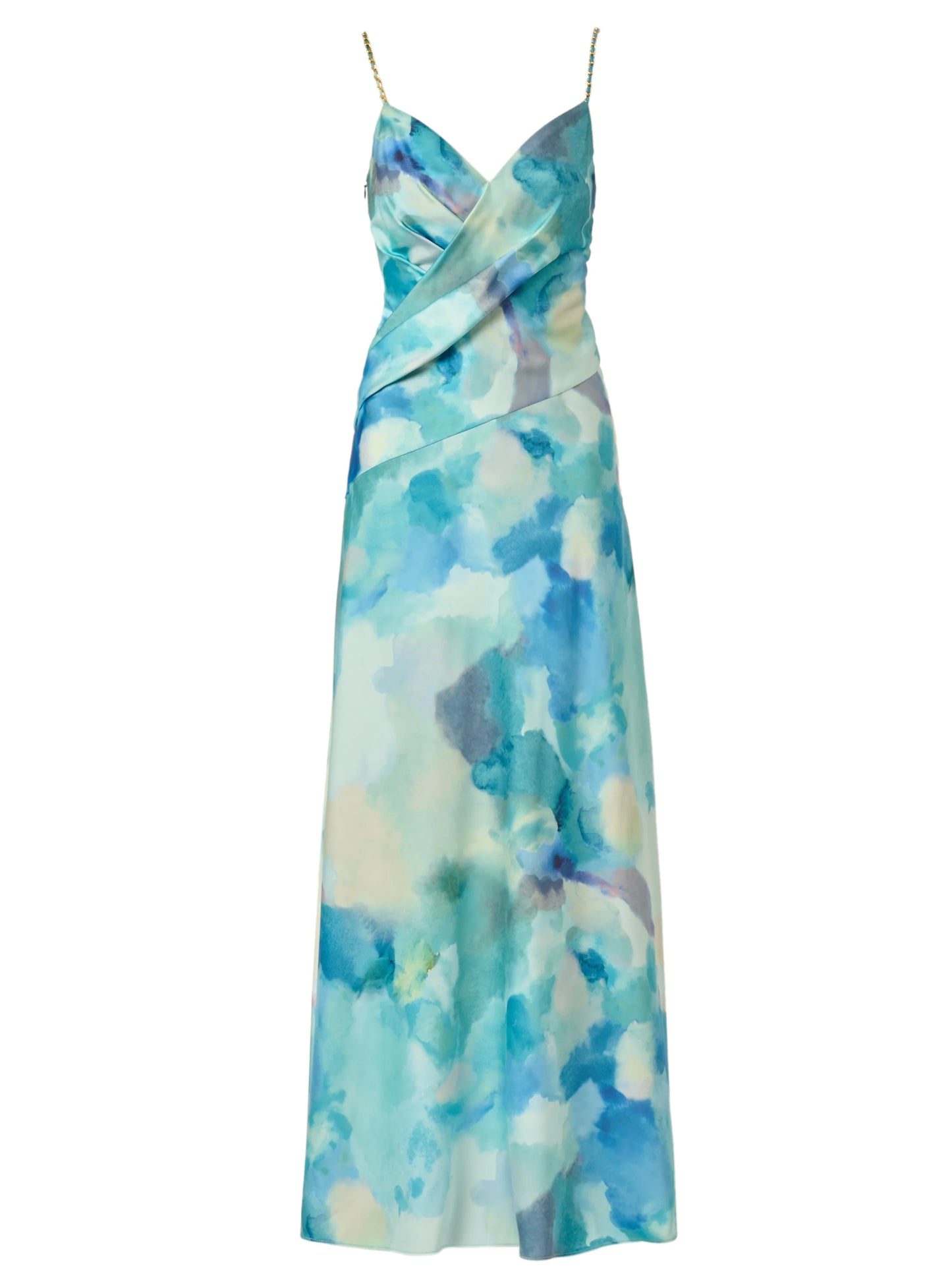 Draped Sateen Watercolor Gown In Blue Multi