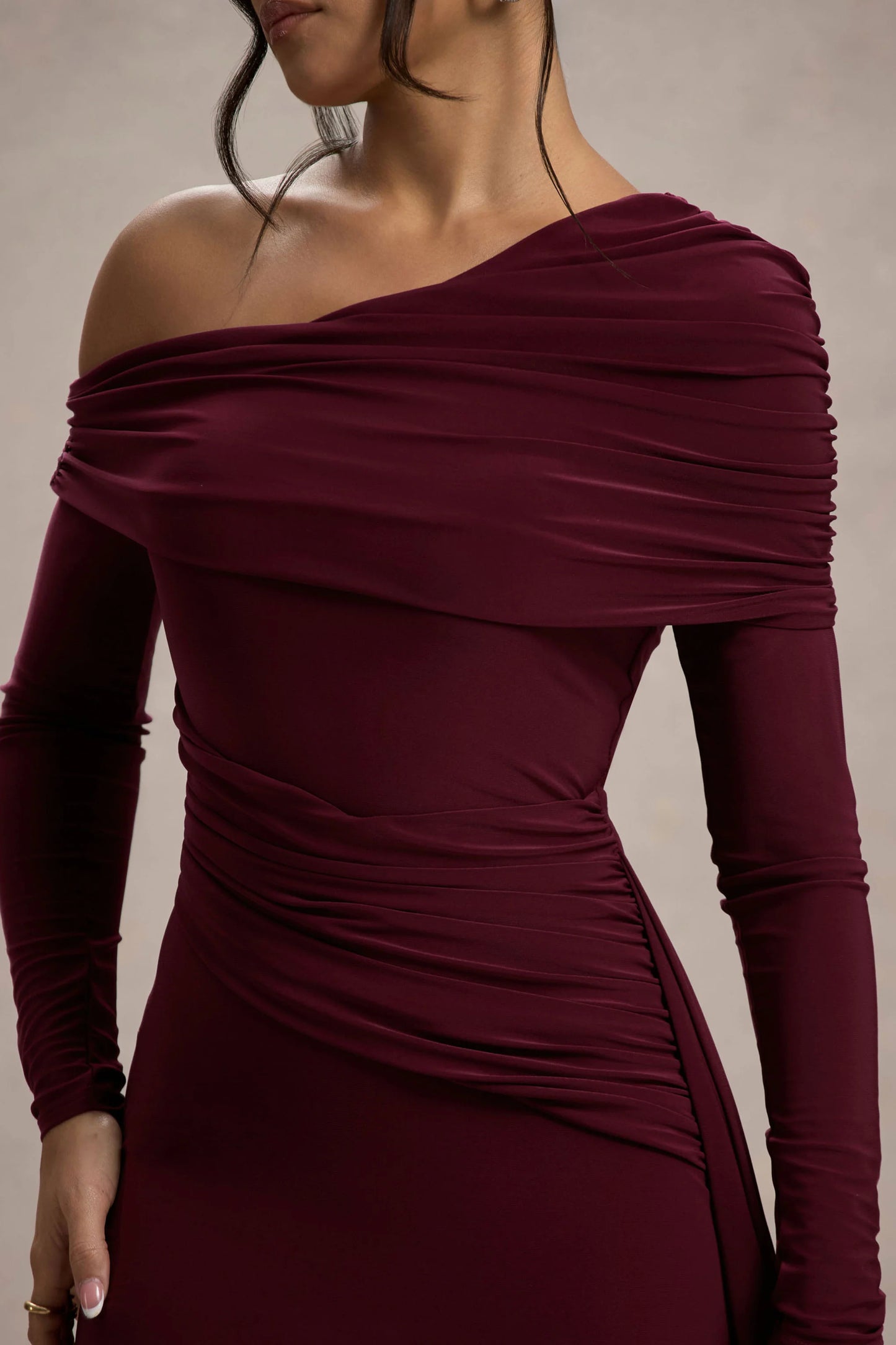 Valina Burgundy Ruched Asymmetric Maxi Dress With Drape