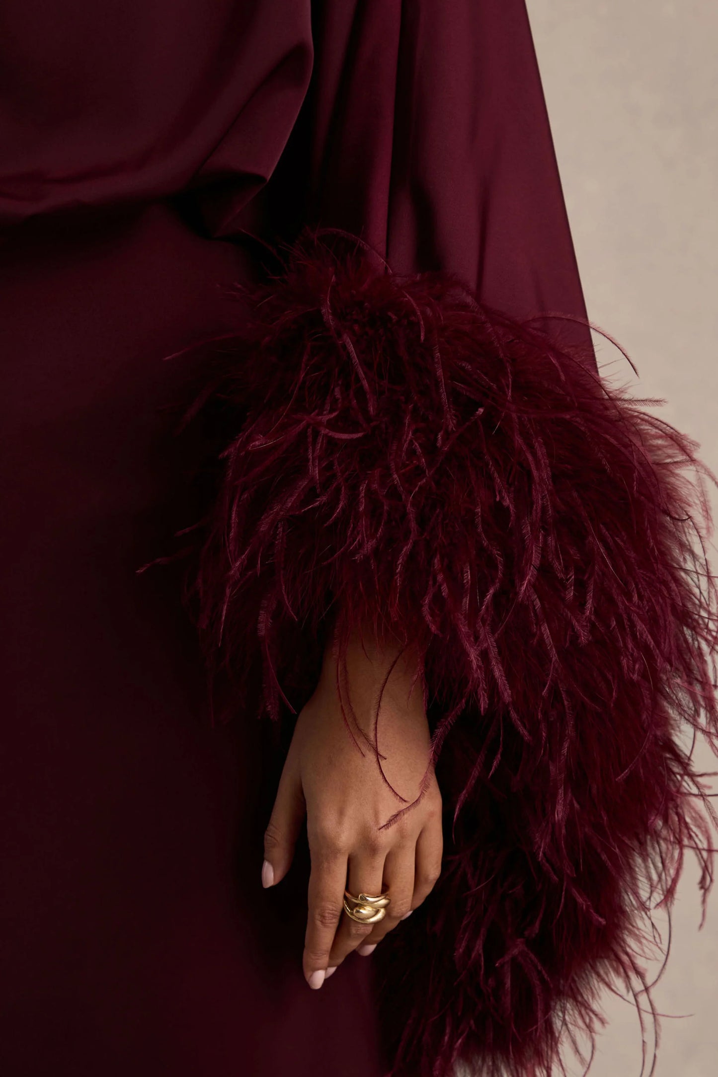 Felicity Burgundy Satin Asymmetric-Neck Maxi Dress With Feather Detailing