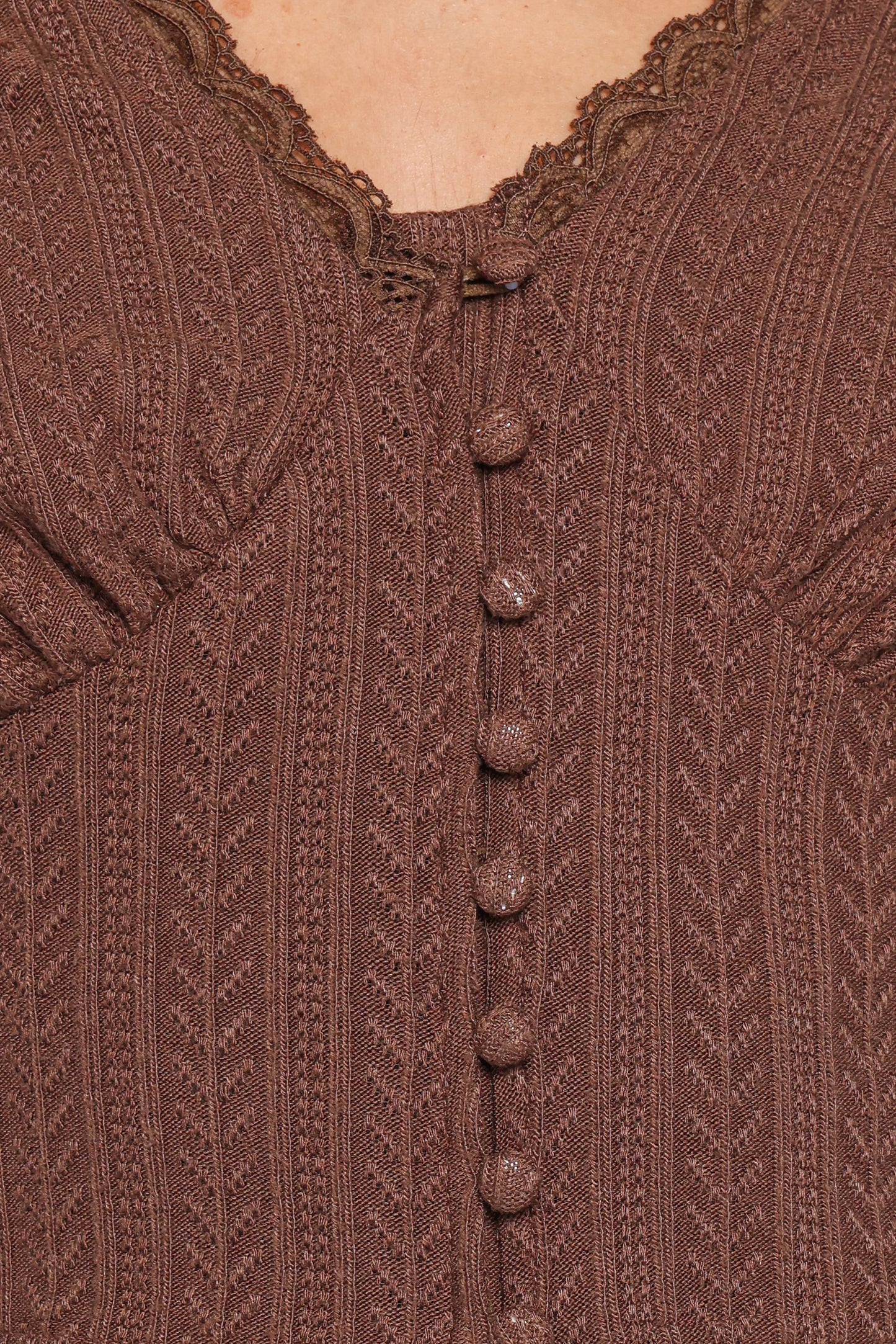 Leslie Long Sleeve Textured Button Front Top - Chocolate
