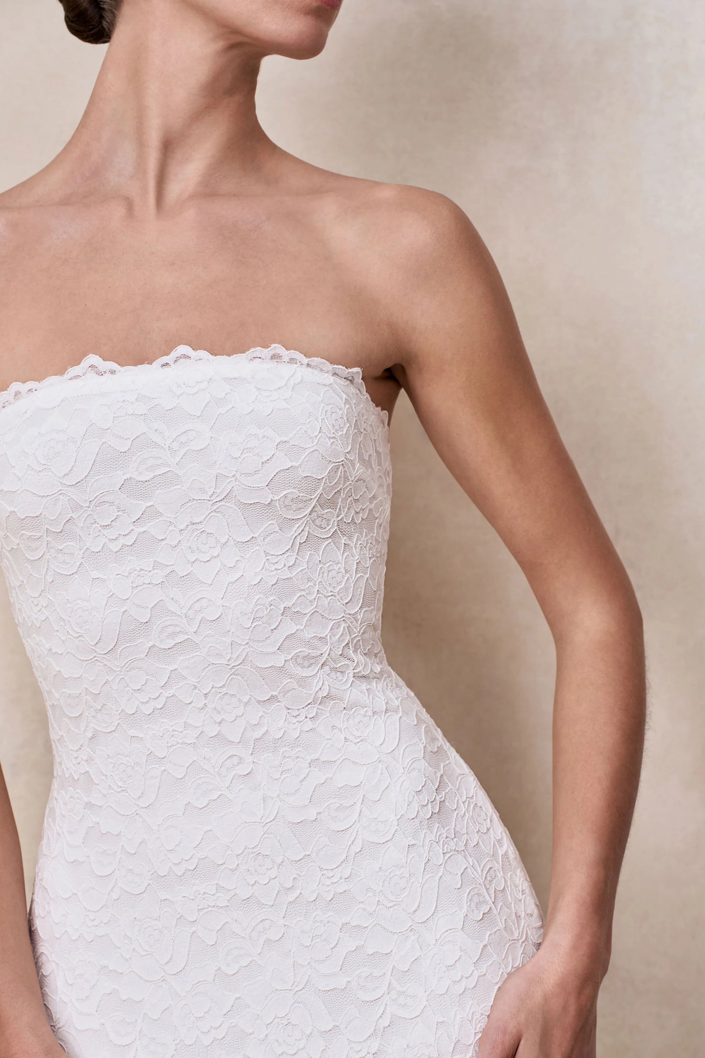Massima White Lace Bandeau Maxi Dress With Scarf-Detail