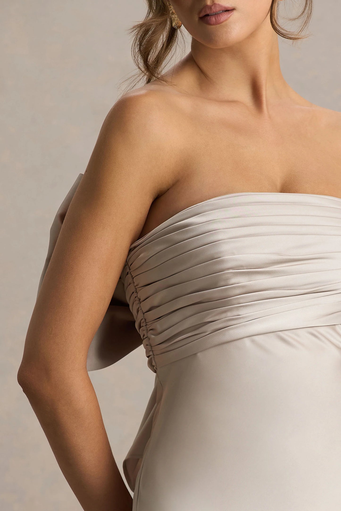 Talulla Champagne Satin Bandeau Maxi Dress With Ruffled Detail