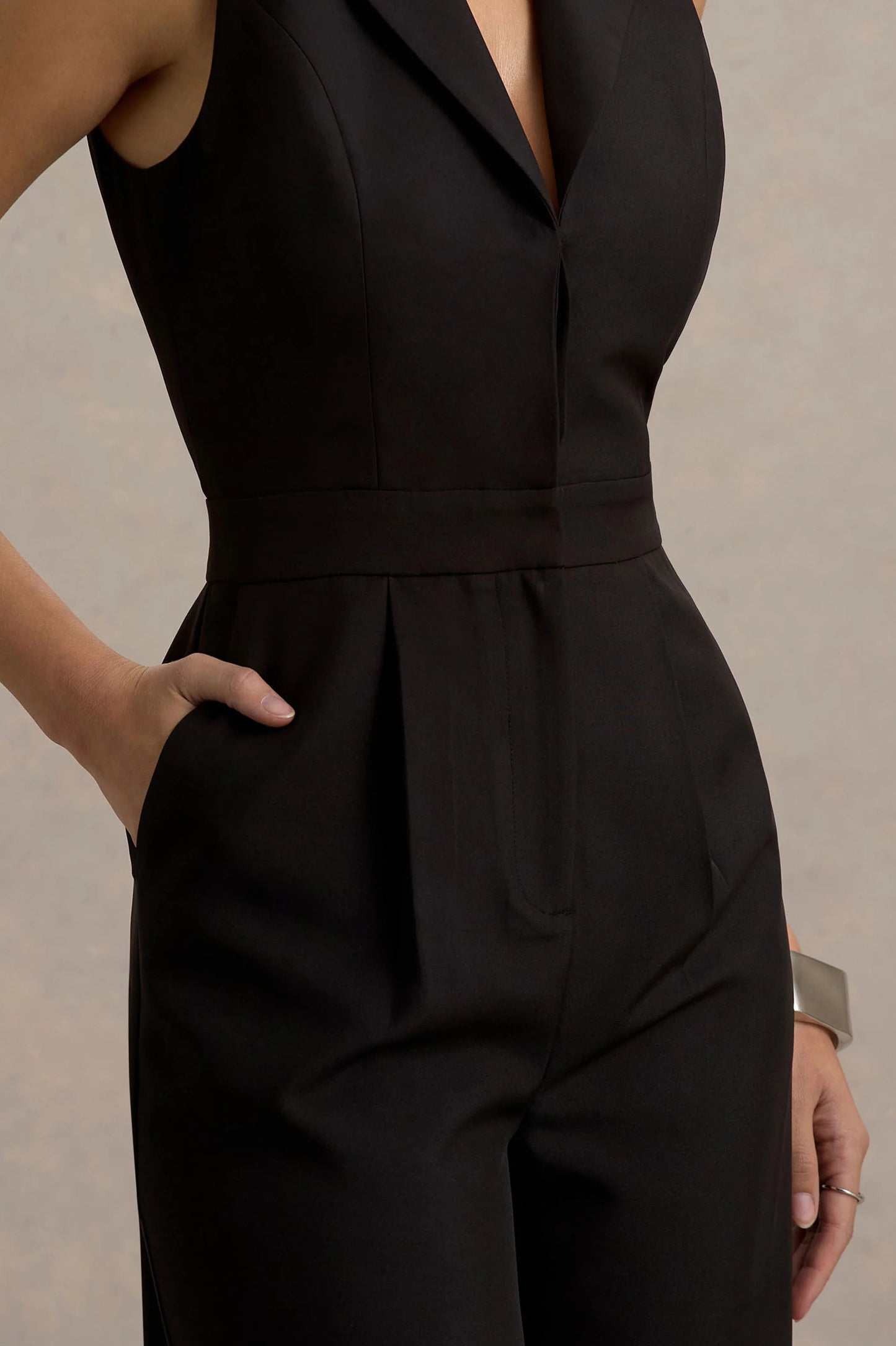 Trixie Black Plunge-Neck Tailored Jumpsuit