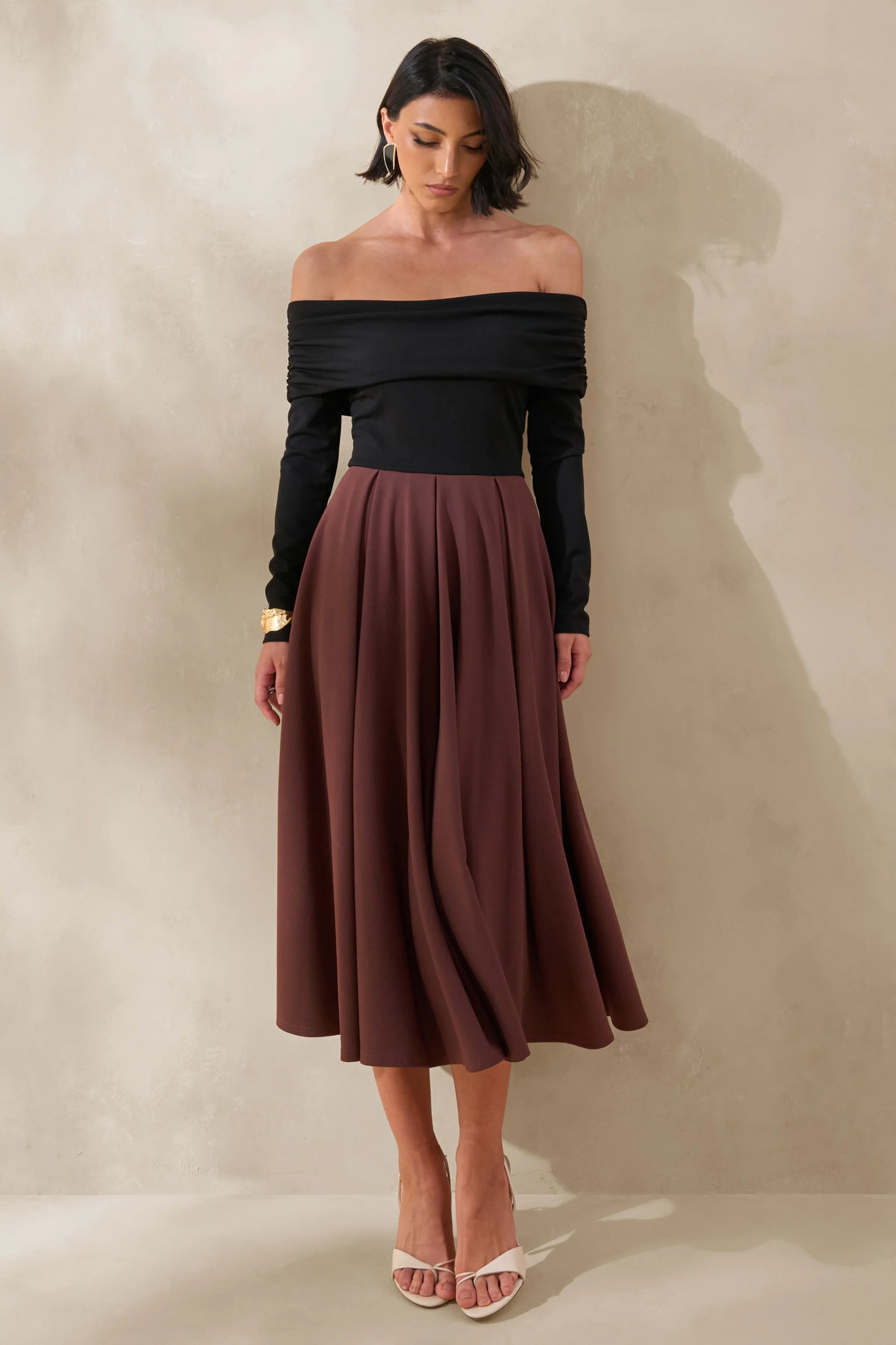 Frederica Black And Brown Bardot-Neck Midi Dress