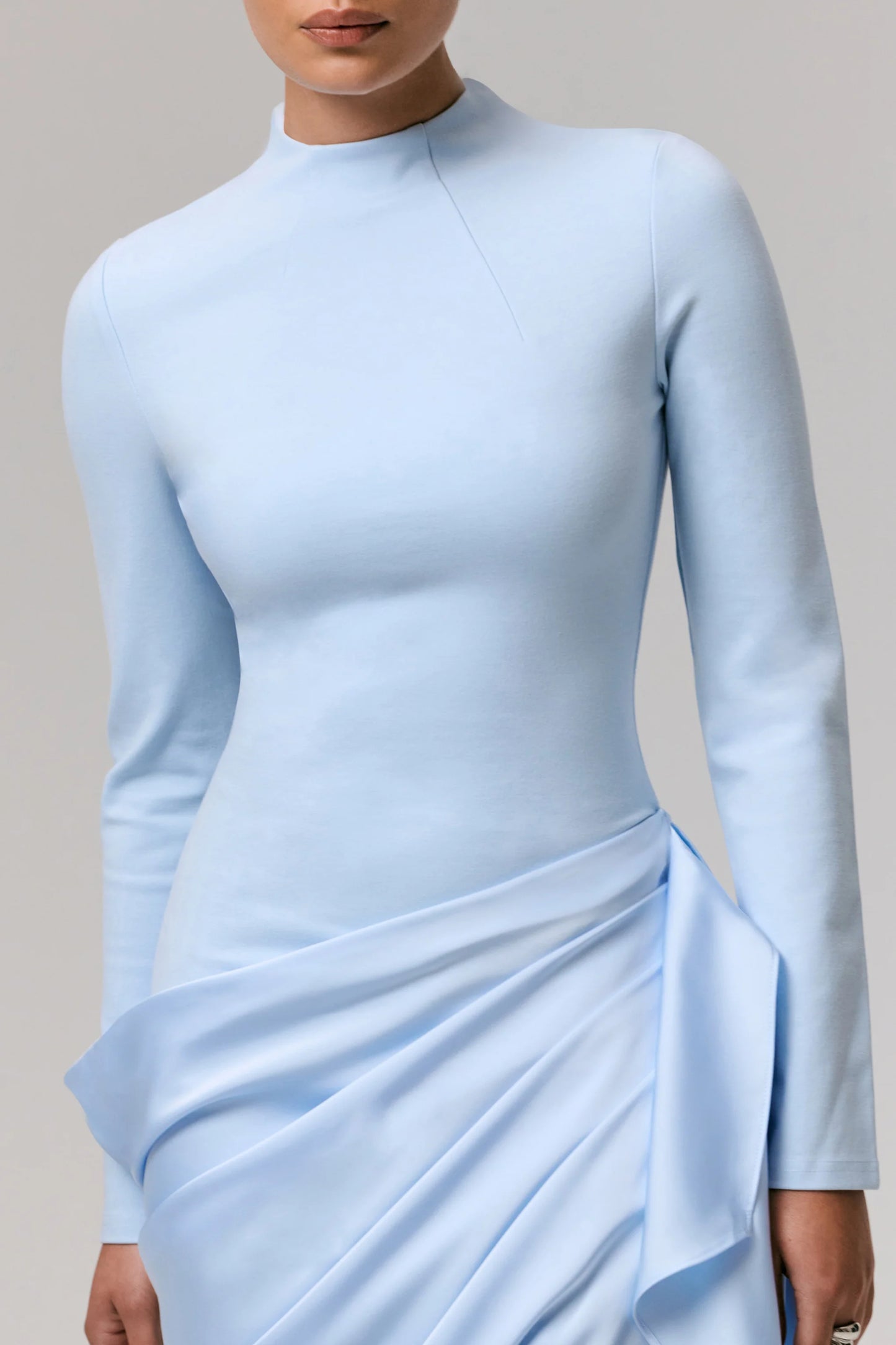 Raffie Powder Blue Long-Sleeve Midi Dress With Satin Wrap Skirt