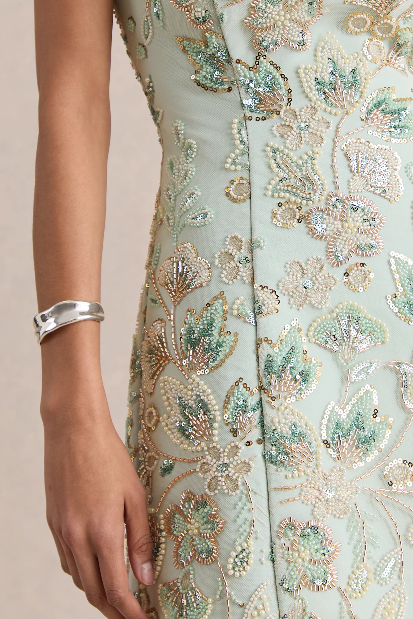 Brianna Mint Floral Embellished Square-Neck Mini Dress