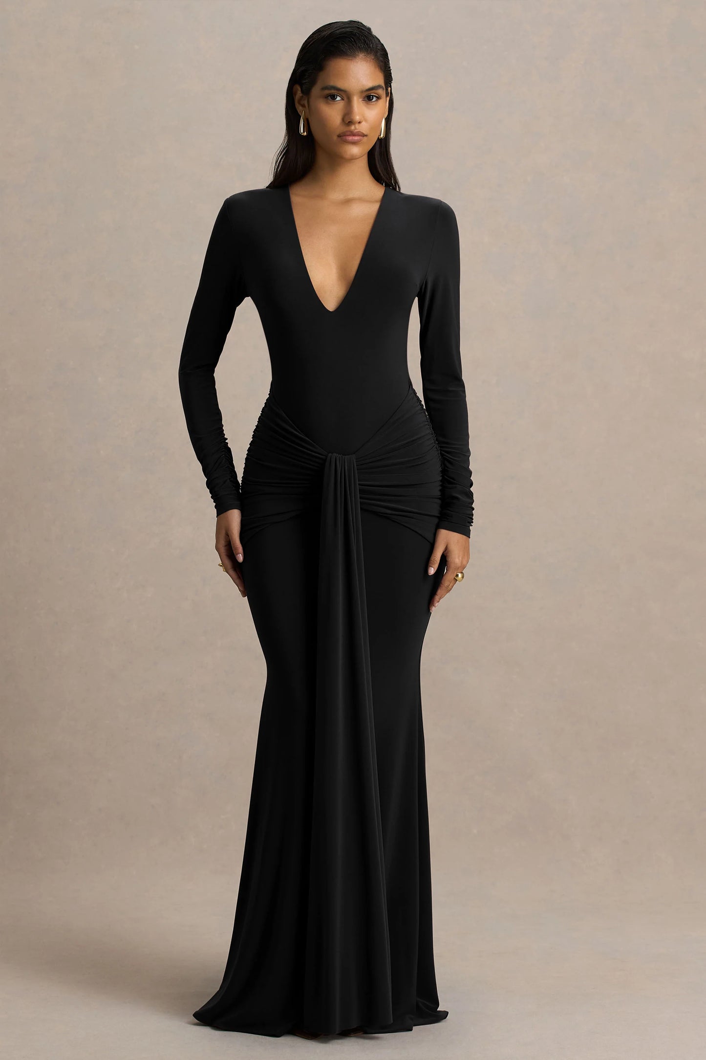 Saffie Black Extreme-Plunge Wrap Maxi Dress With Long-Sleeves And Ruched Detailing