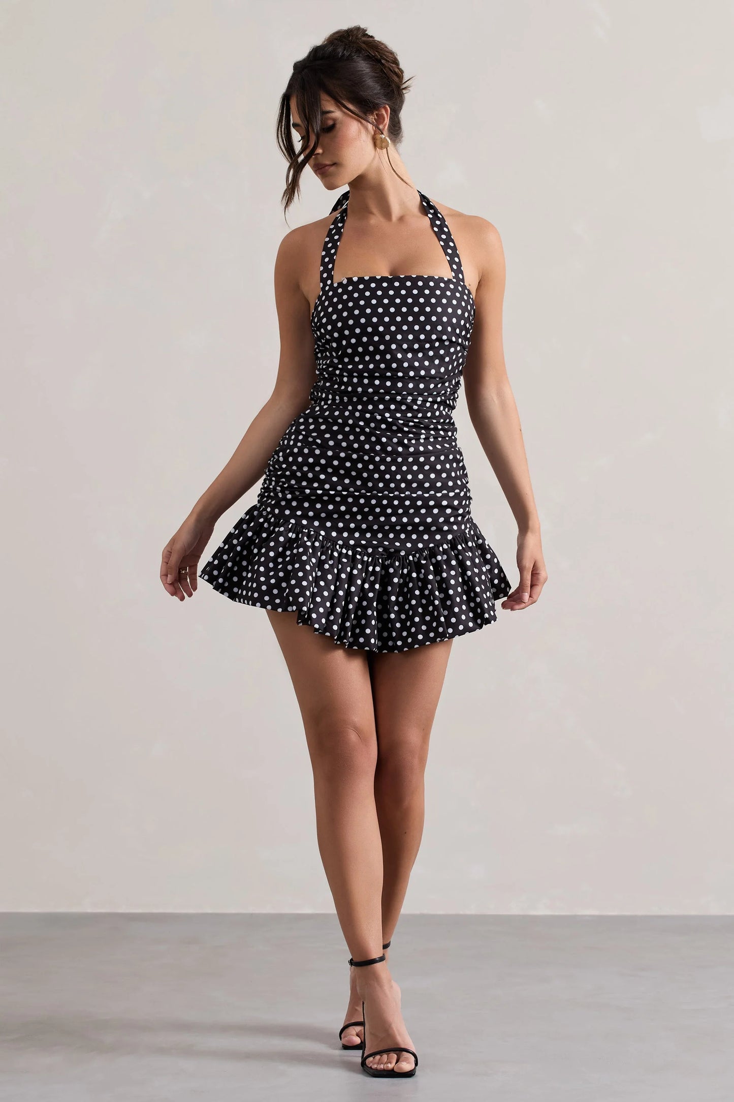 Zahra Black & White Polka Dot Halter-Neck Ruched Mini Dress With Ruffle Hem