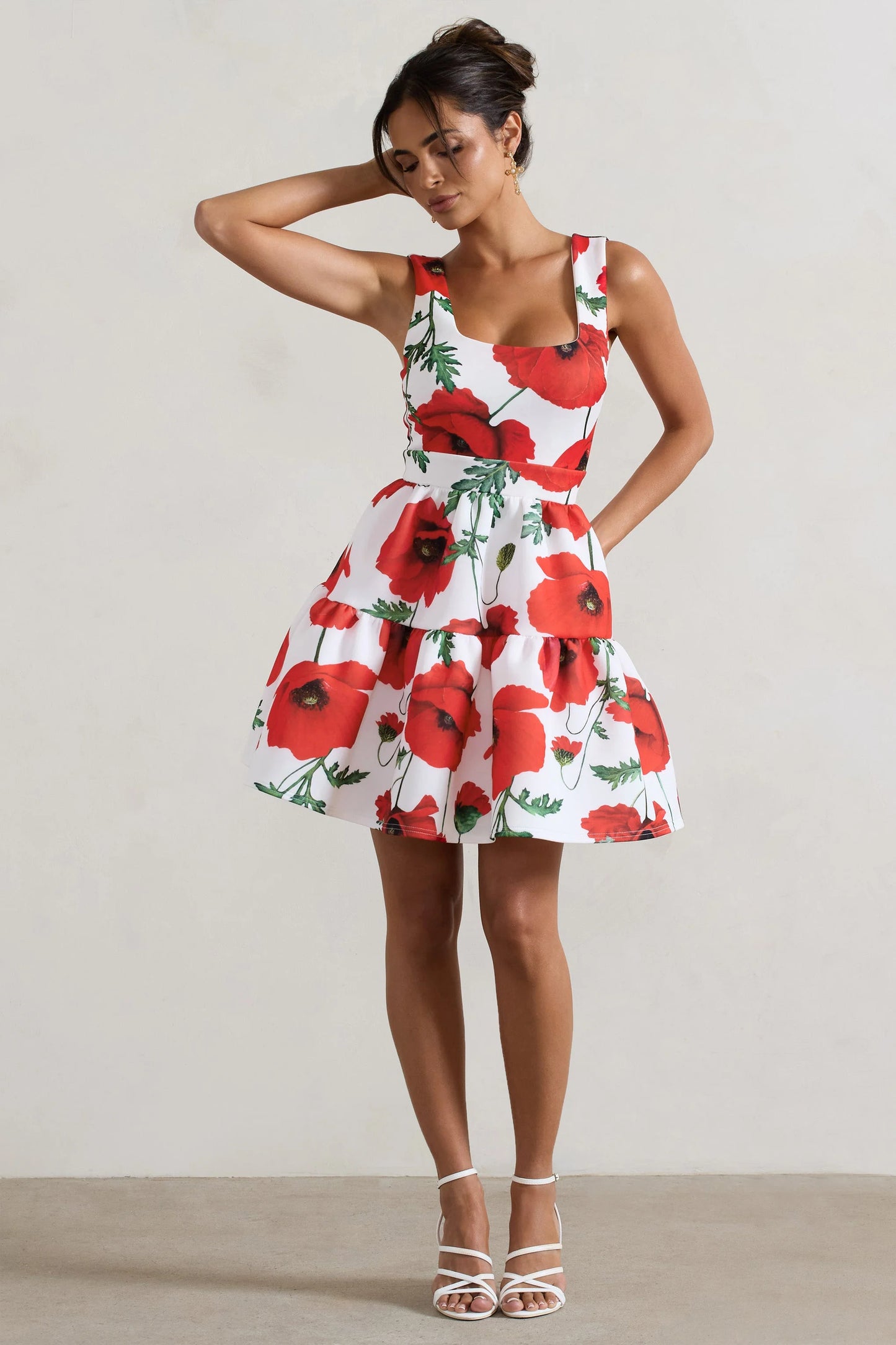 Alia Poppy Print Scoop-Neck Tiered Volume Hem Mini Dress