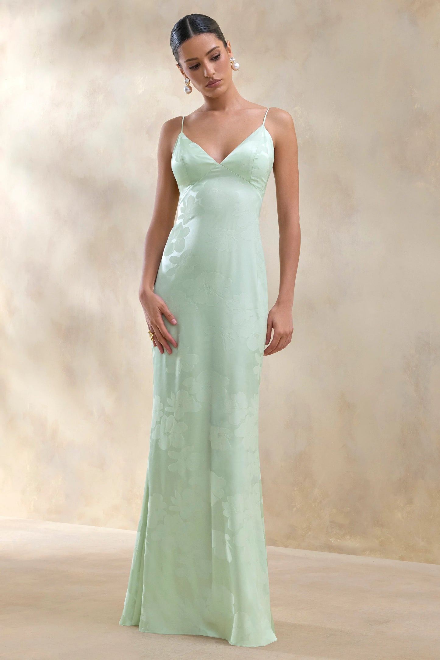 Carelle Green Satin Plunge-Neck Maxi Dress With Asymmetric Drop-Waist