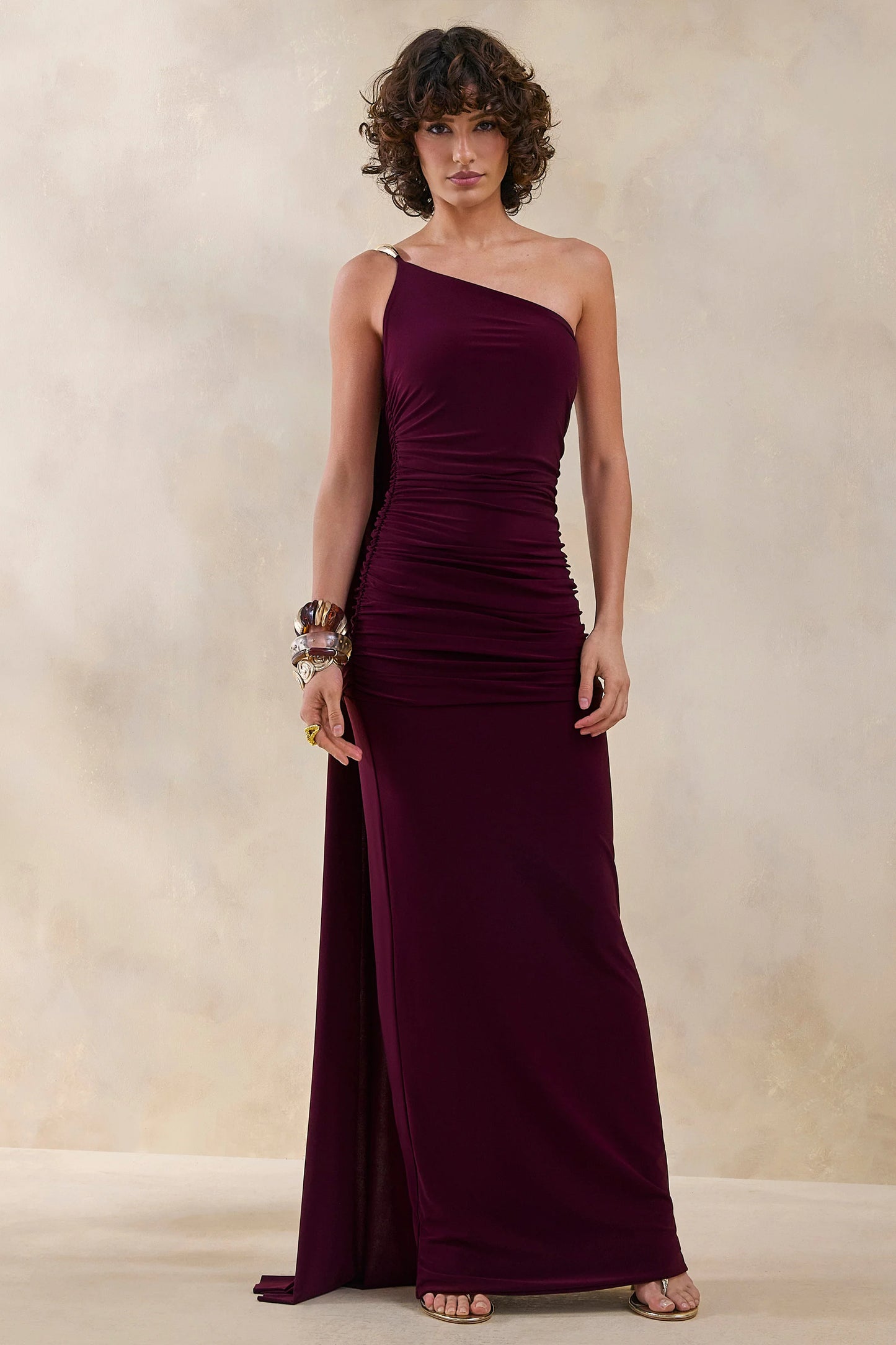 Bettine Burgundy Asymmetric-Neck Maxi Dress With Cape-Sleeve