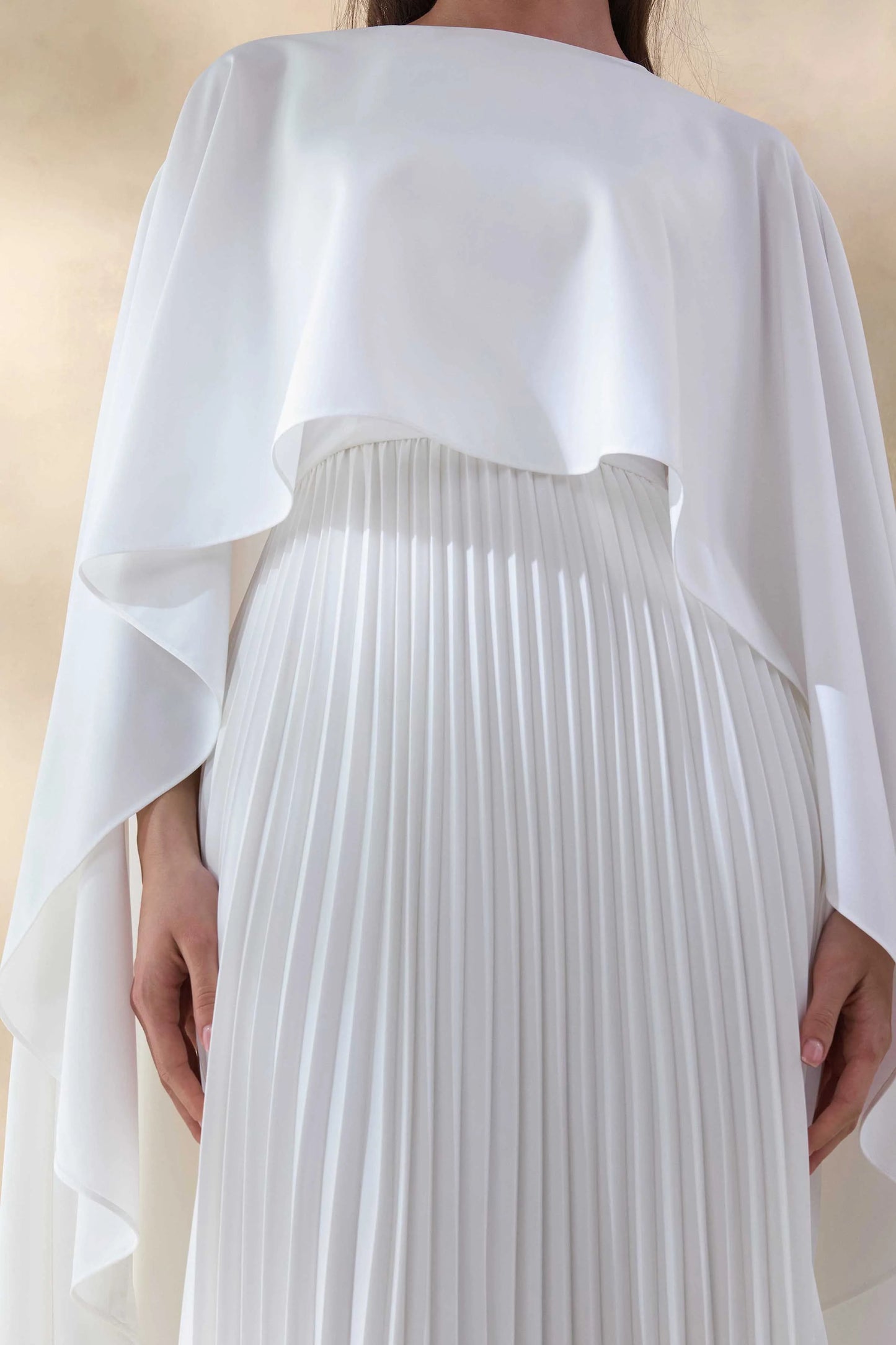 Loradia Cream Satin Round-Neck Maxi Dress With Cape-Sleeves And Pleated-Skirt