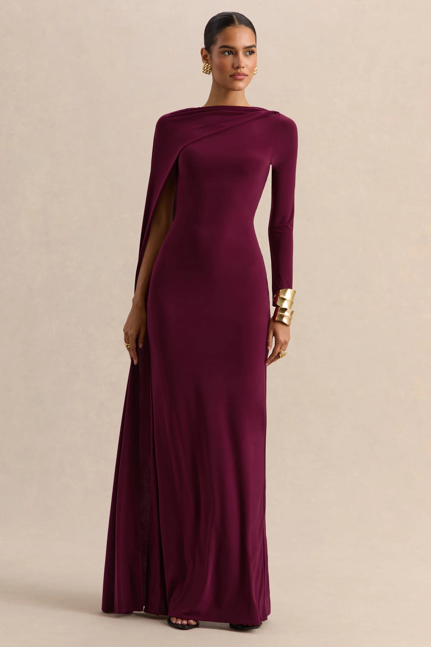 Halina Burgundy High-Neck Maxi Dress With Cape-Sleeve