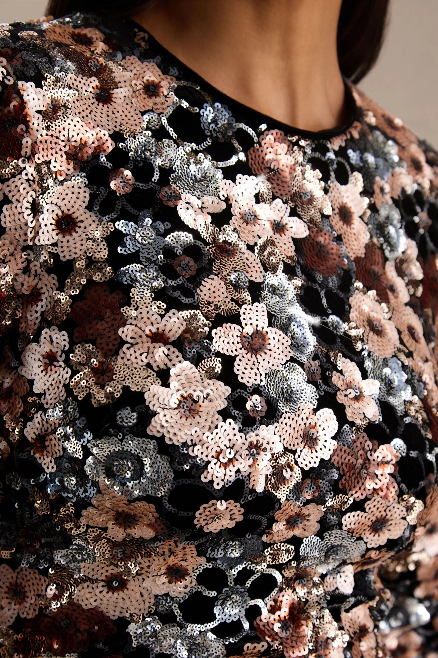 Adaline Black Velvet & Embellished Sequin Floral Long-Sleeved Mini Dress