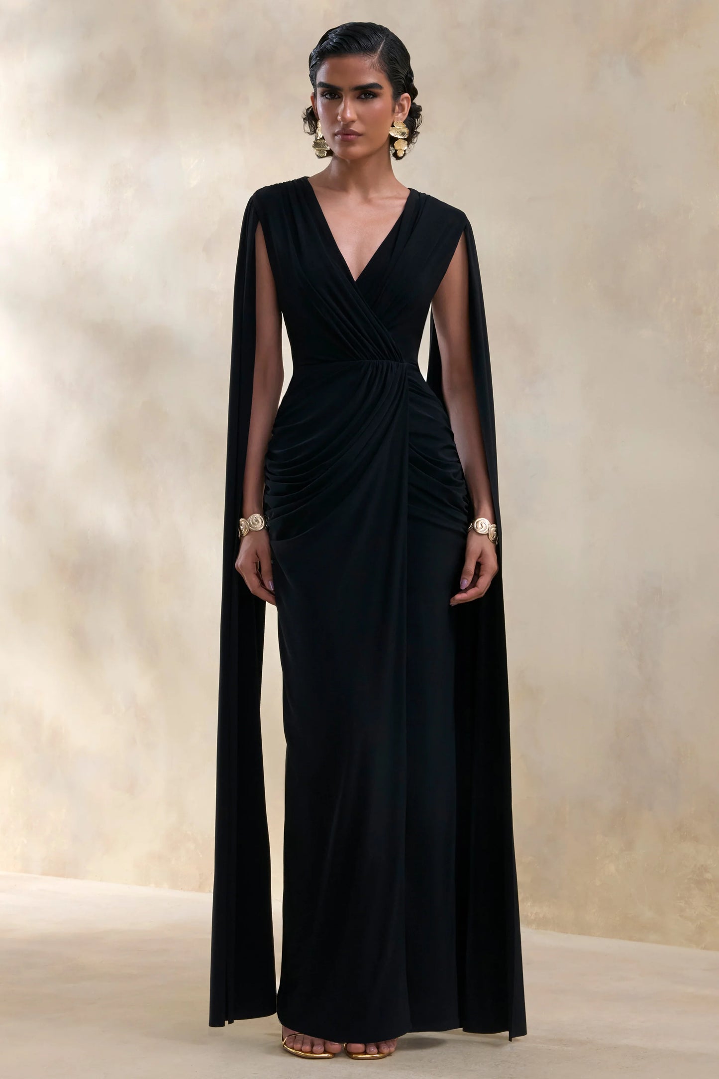 Ulissia Black V-Neck Maxi Dress With Cape-Sleeves
